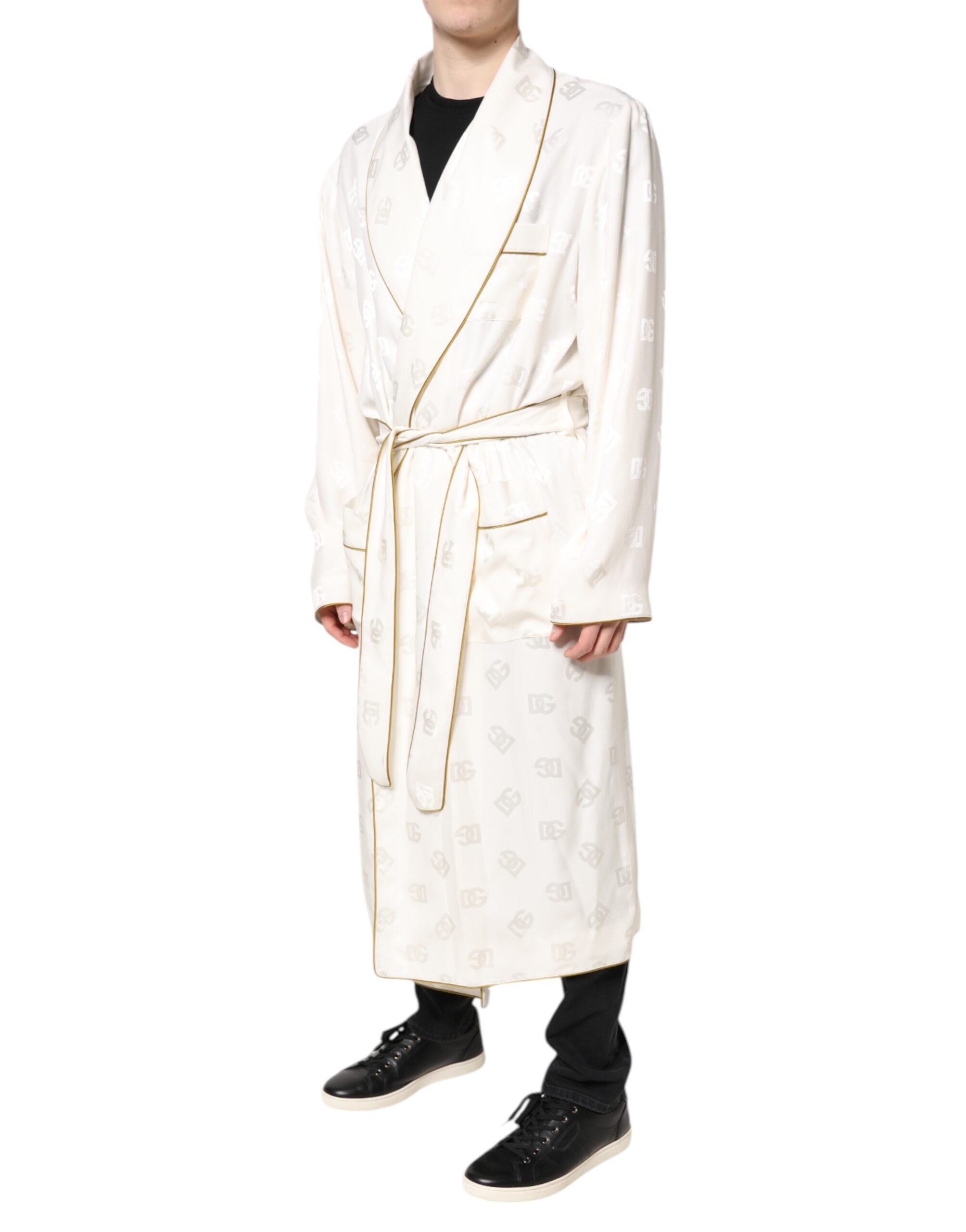 Dolce & Gabbana Elfenbeinfarbene Seide Logo Männer Wickelmantel Jacke
