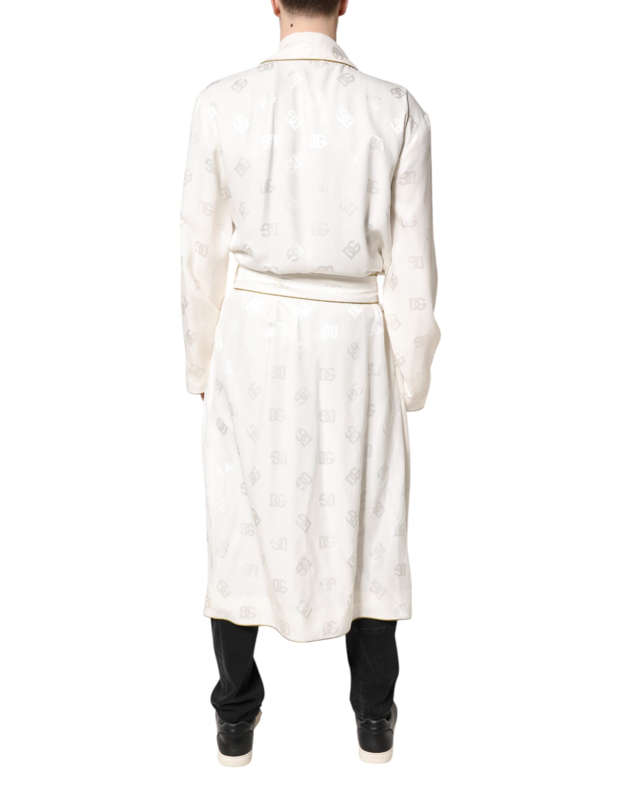Dolce & Gabbana Elfenbeinfarbene Seide Logo Männer Wickelmantel Jacke