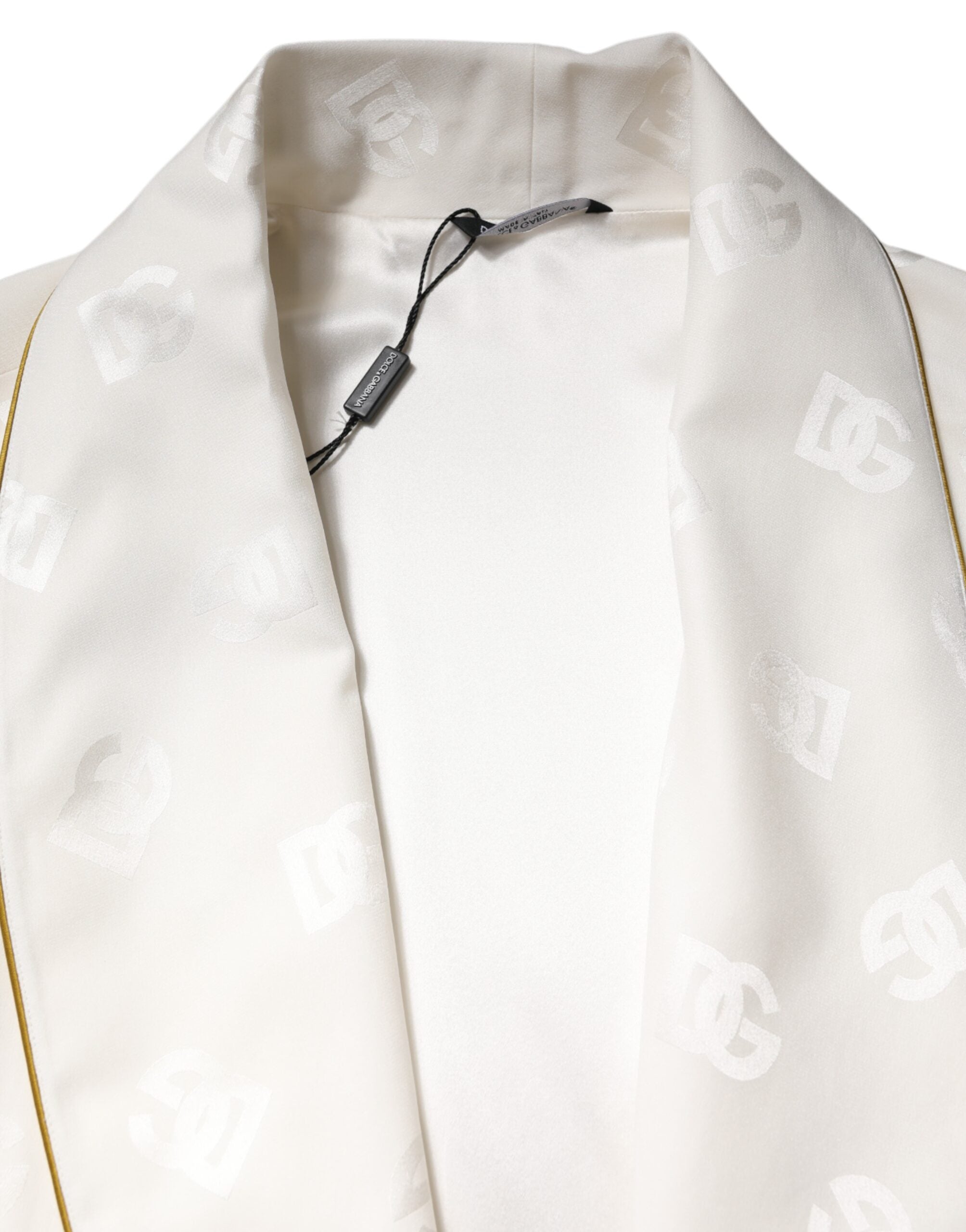 Dolce & Gabbana Elfenbeinfarbene Seide Logo Männer Wickelmantel Jacke