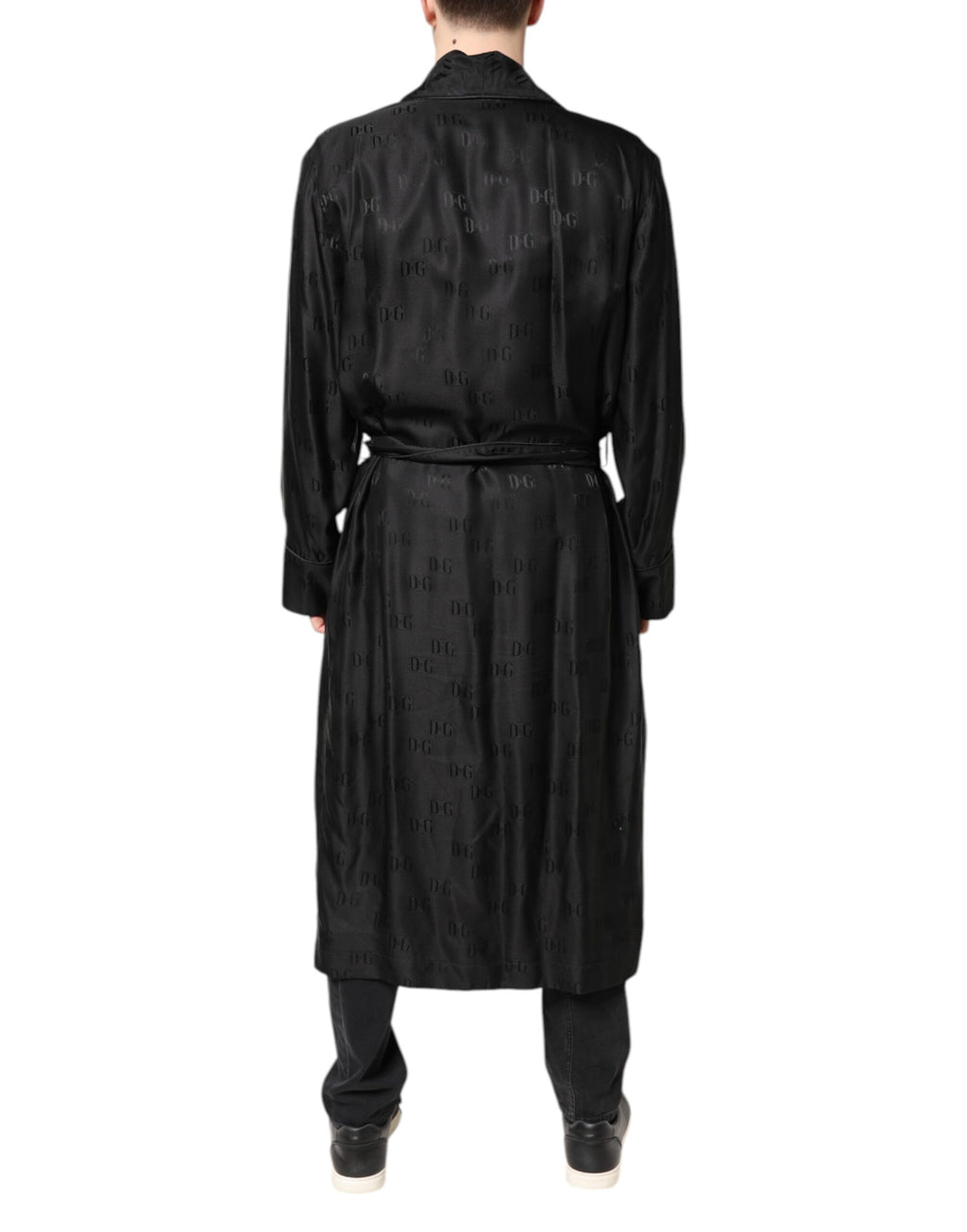 Dolce & Gabbana Schwarze Seide DG Logo Herren Wickelmantel Jacke