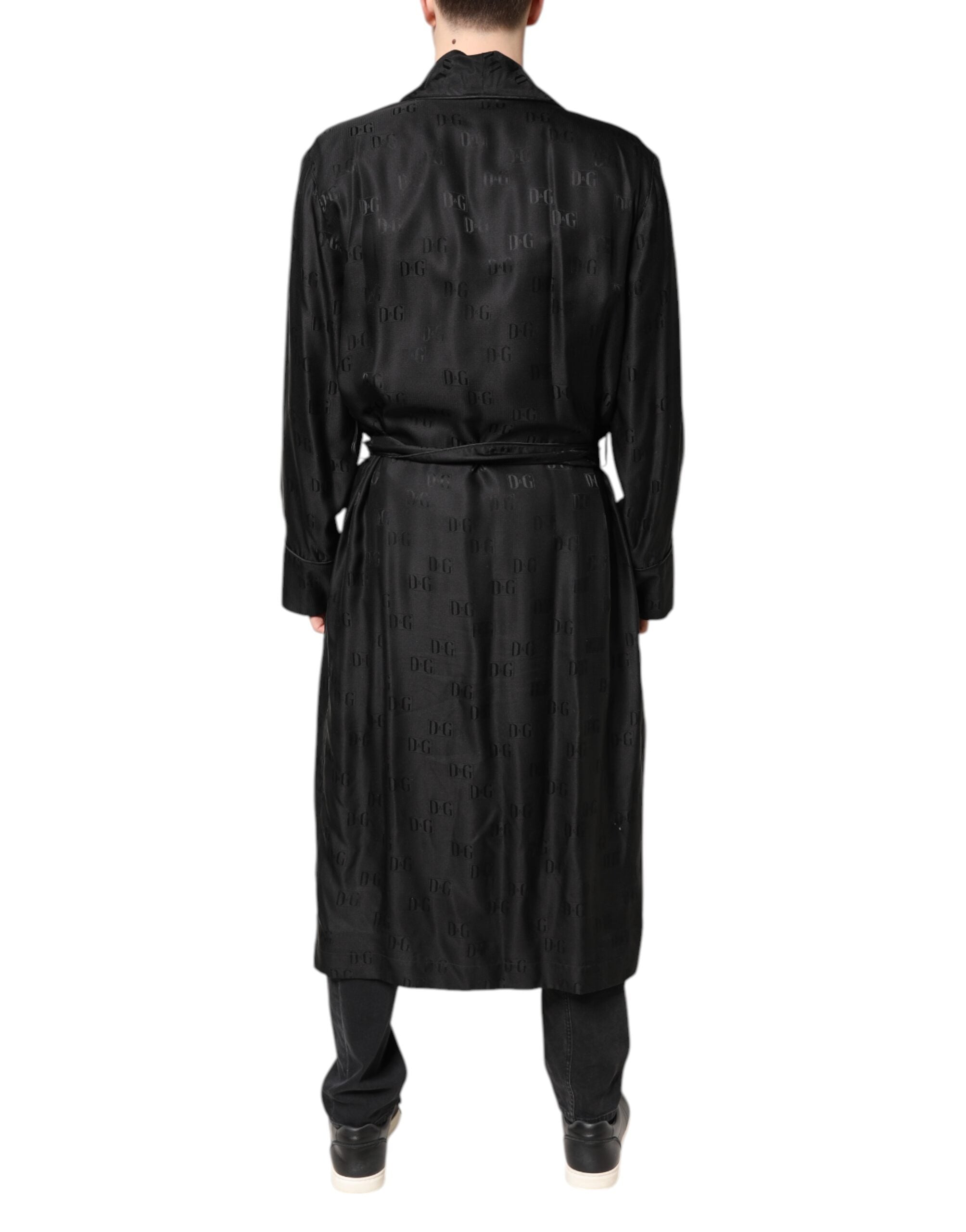 Dolce & Gabbana Schwarze Seide DG Logo Herren Wickelmantel Jacke