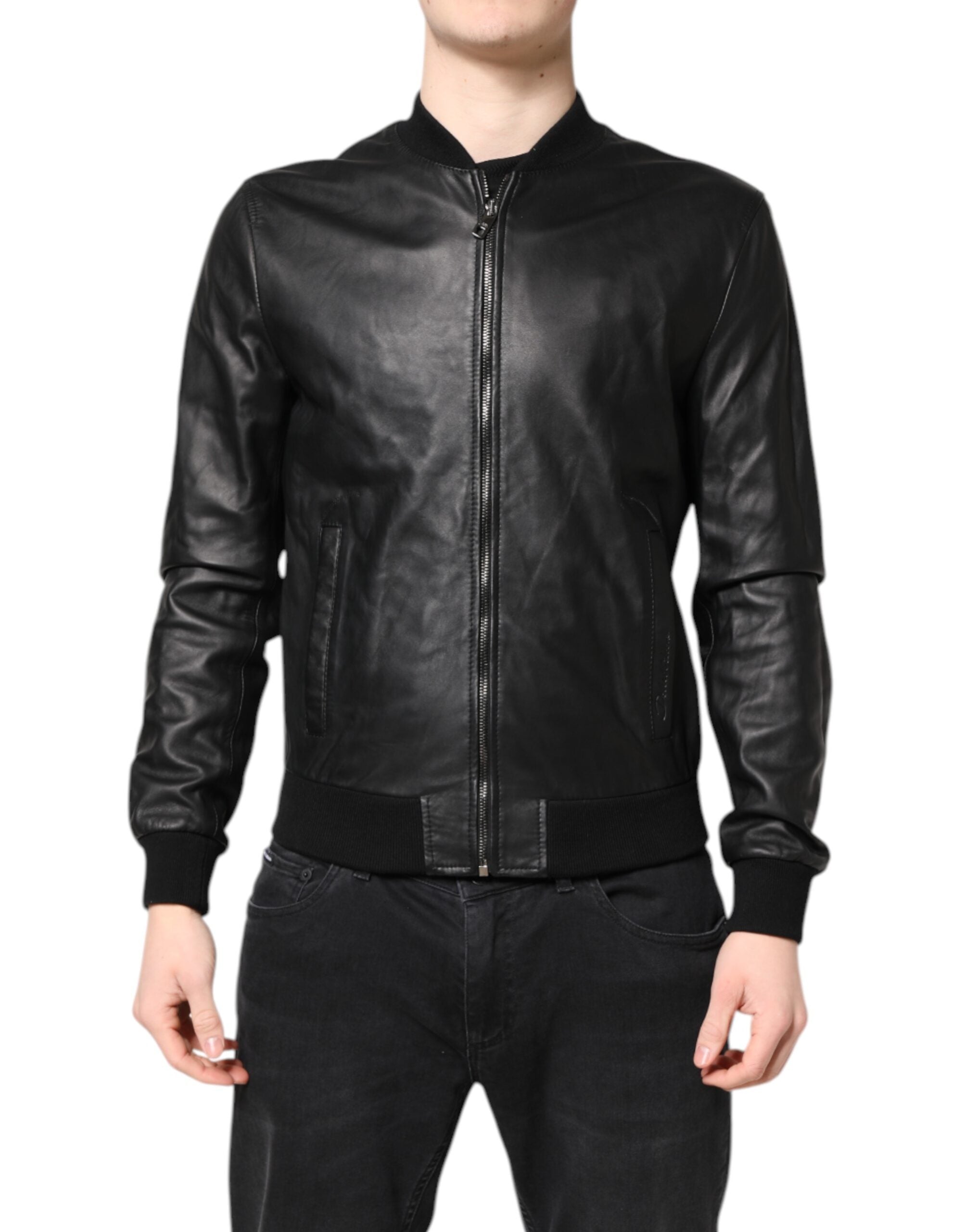 Dolce & Gabbana Schwarze Lammfell Leder Bikerjacke mit Reißverschluss