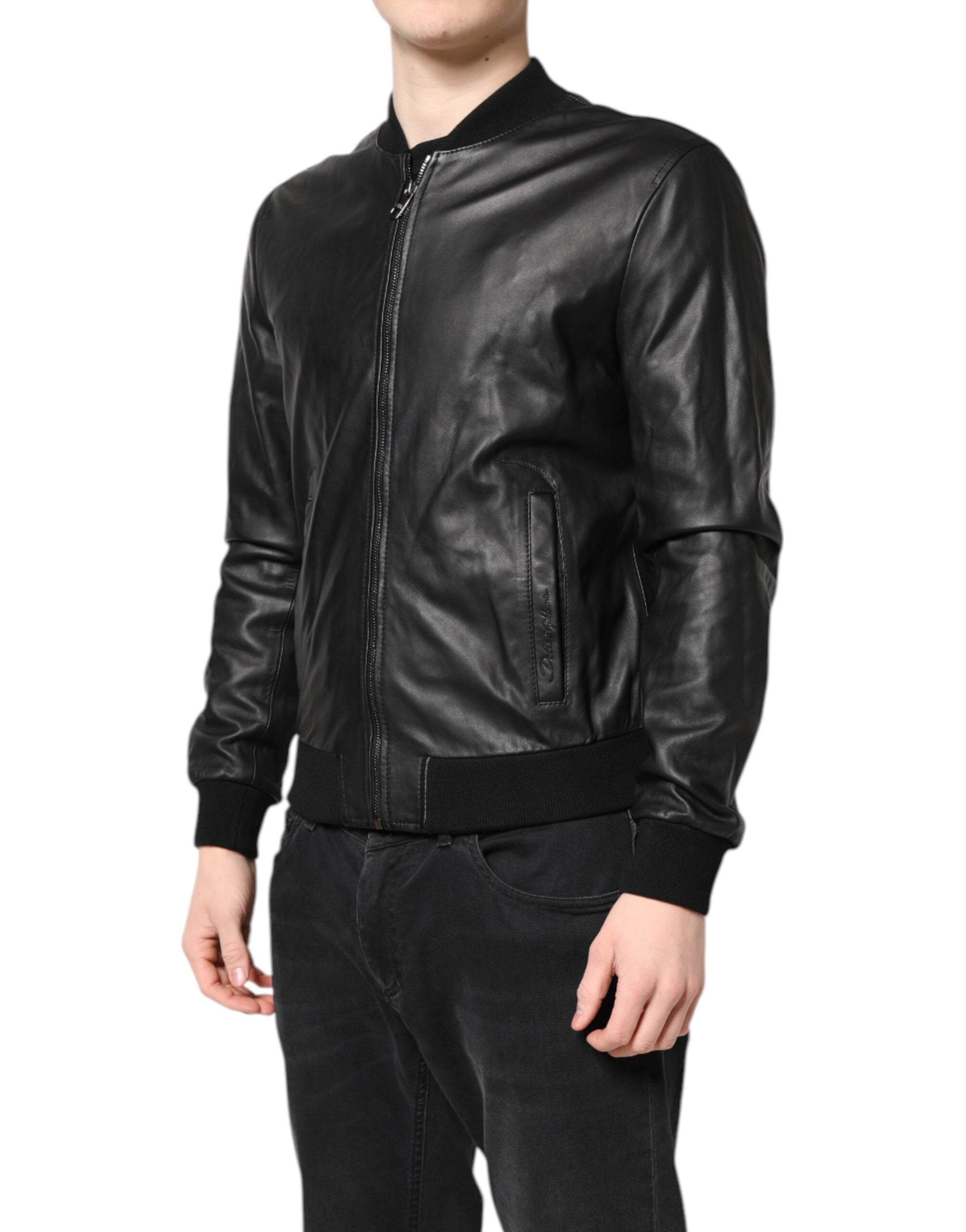 Dolce & Gabbana Schwarze Lammfell Leder Bikerjacke mit Reißverschluss