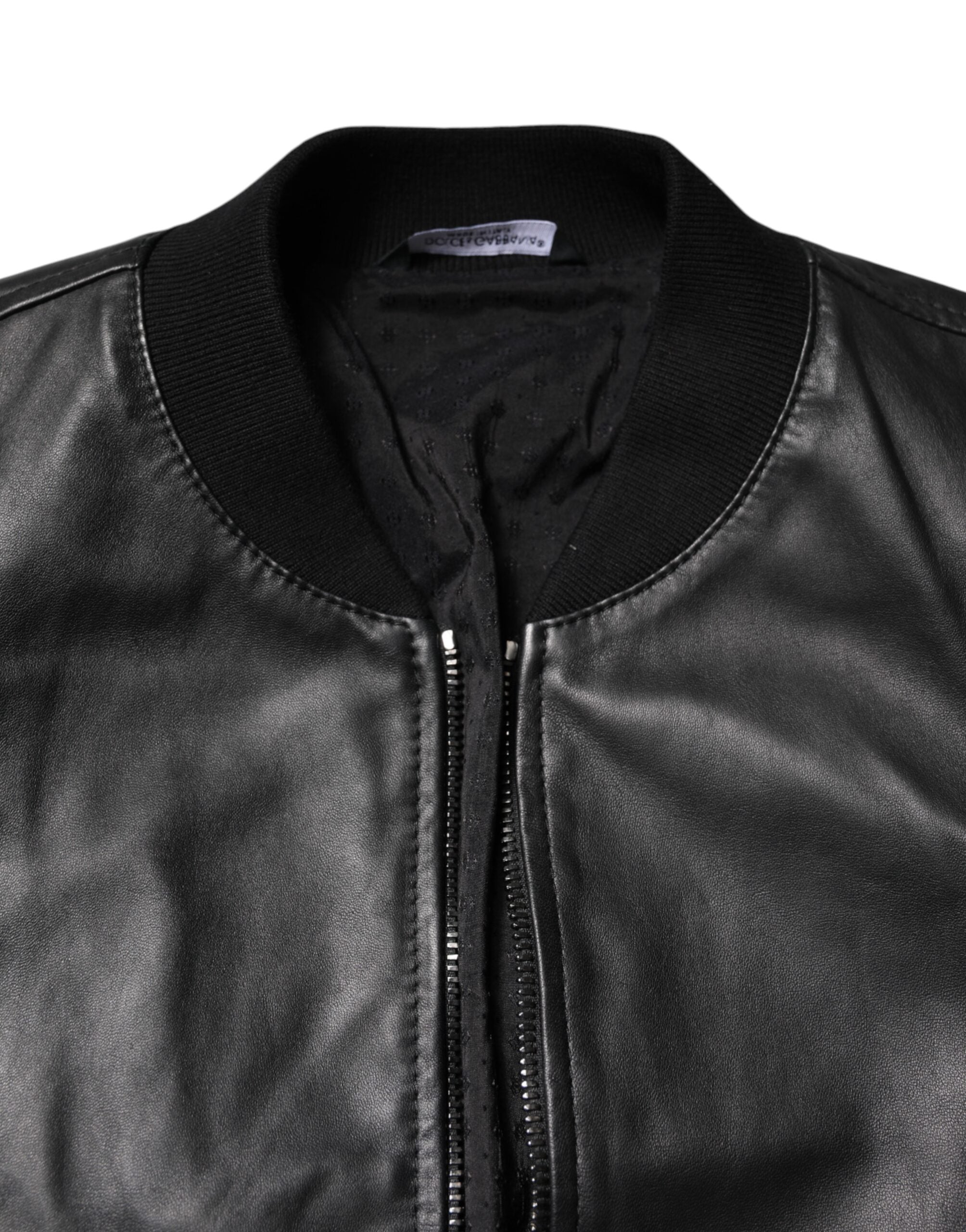 Dolce & Gabbana Schwarze Lammfell Leder Bikerjacke mit Reißverschluss