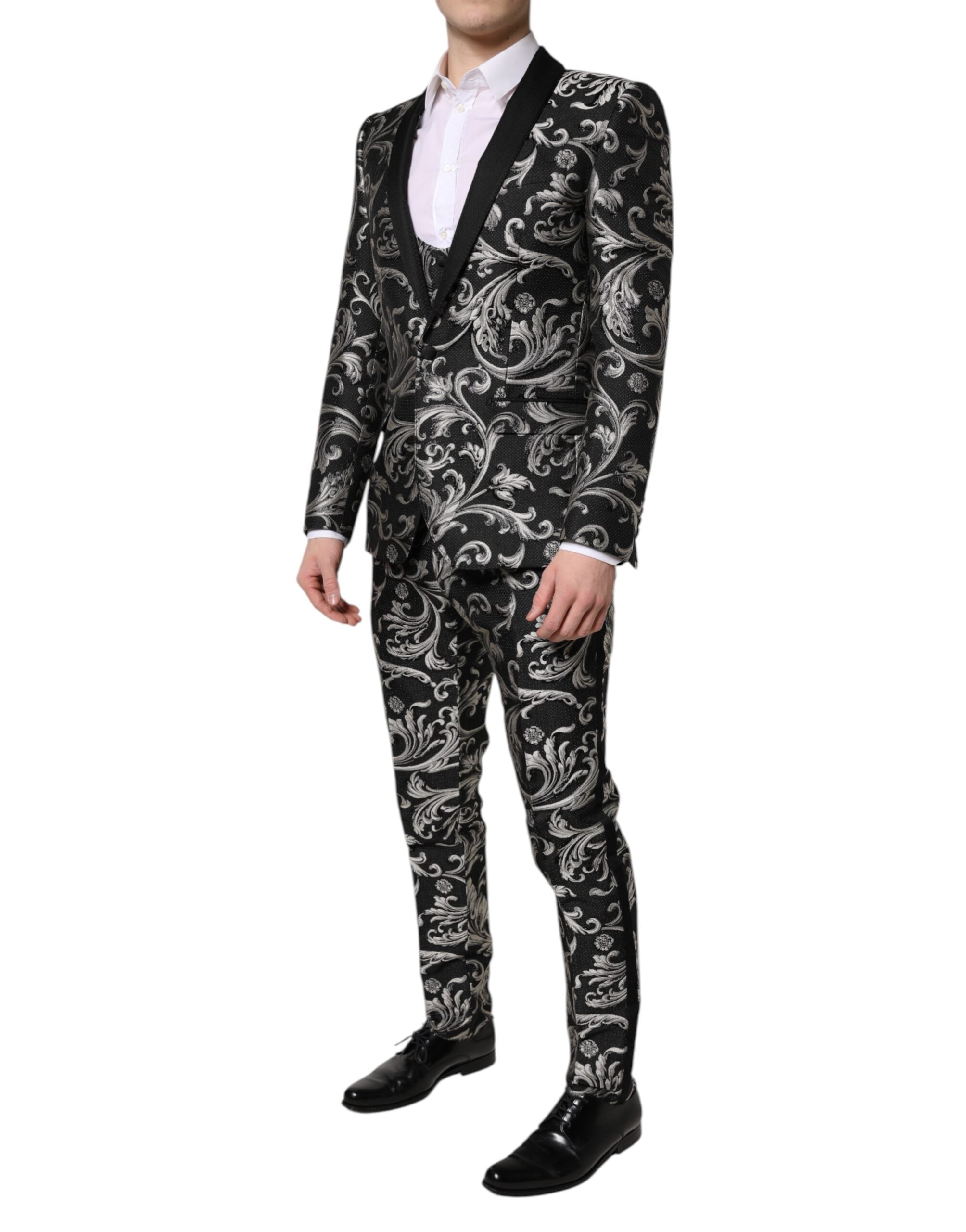 Dolce & Gabbana Schwarz Grau MARTINI Jacquard Herren 3 Stück Anzug
