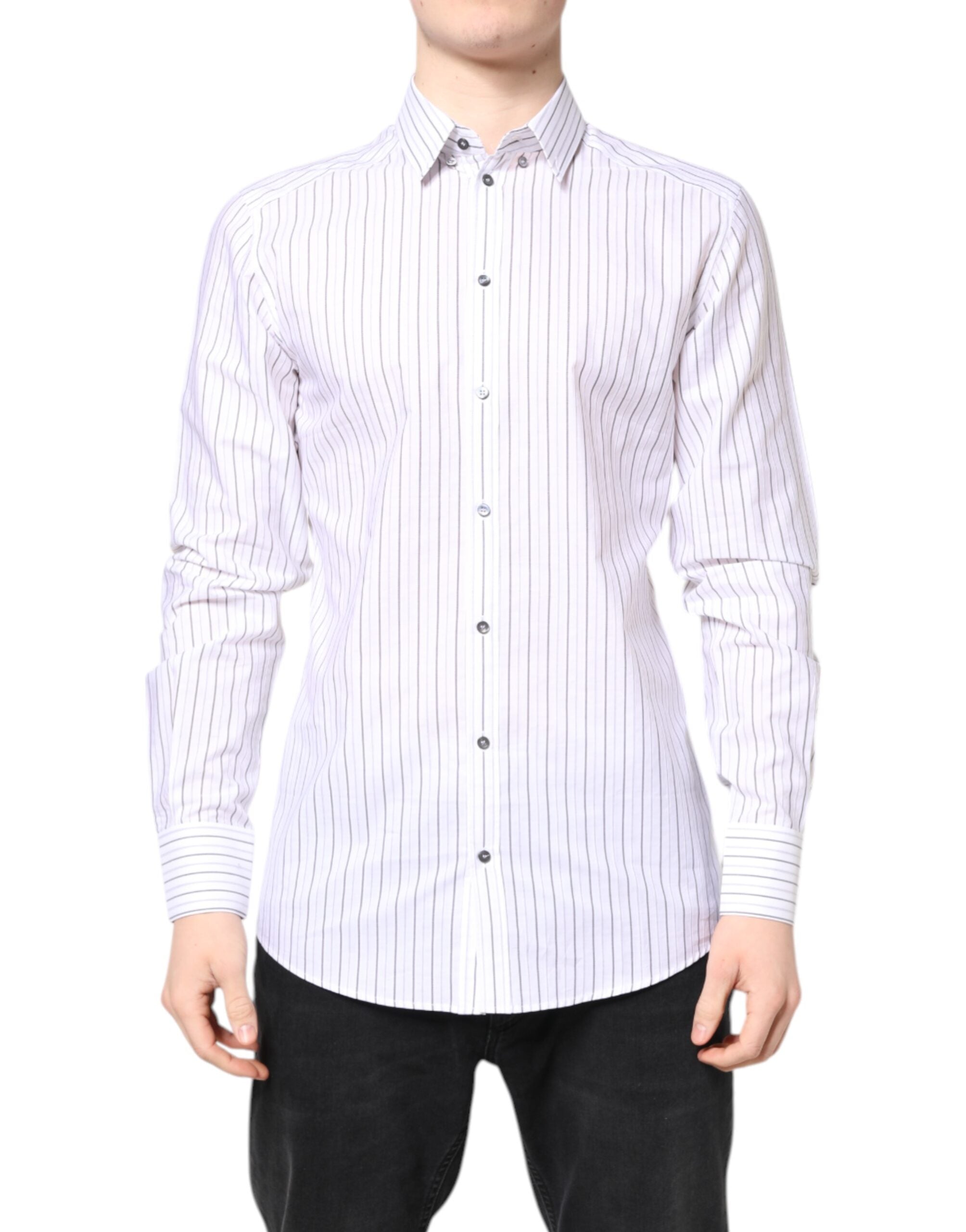 Dolce & Gabbana Weiß gestreiftes Baumwollhemd GOLD Formal Dress Shirt