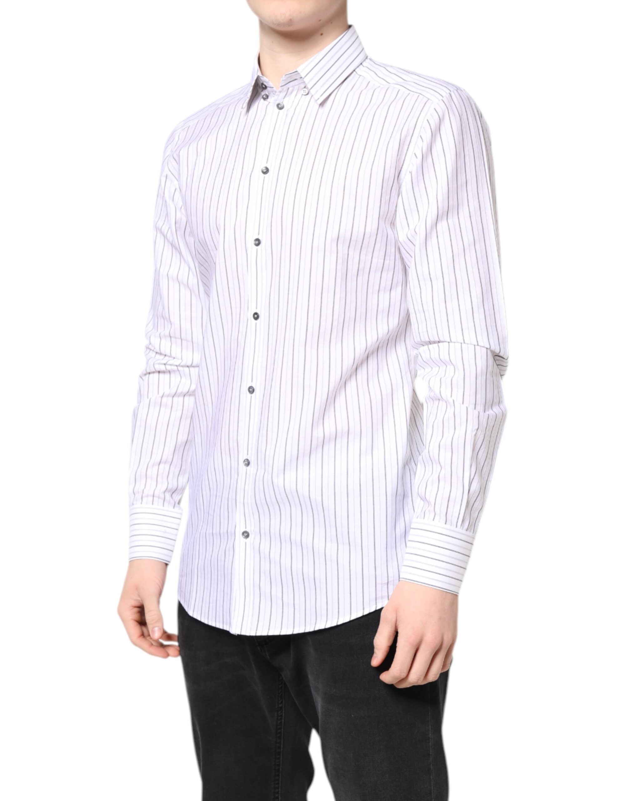 Dolce & Gabbana Weiß gestreiftes Baumwollhemd GOLD Formal Dress Shirt