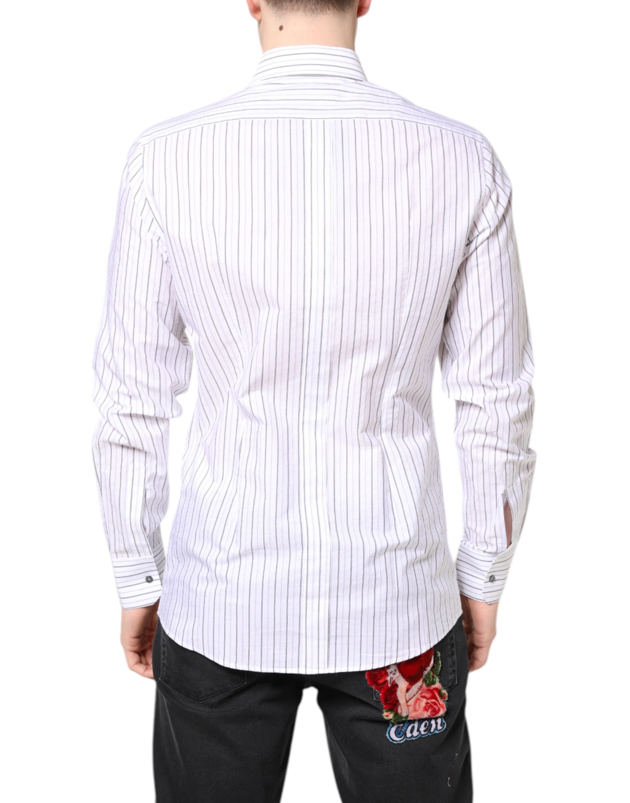 Dolce & Gabbana Weiß gestreiftes Baumwollhemd GOLD Formal Dress Shirt