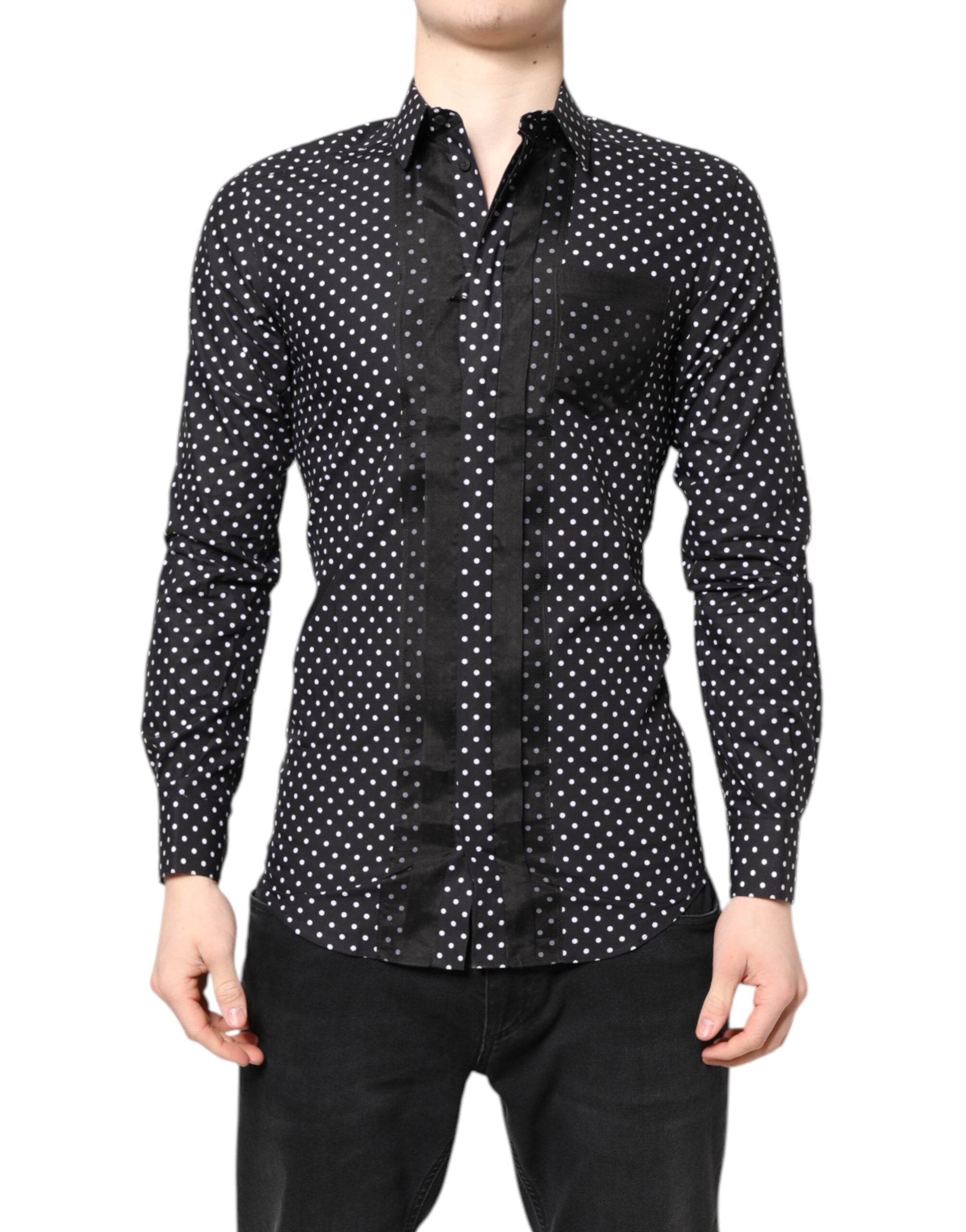 Dolce & Gabbana Schwarzes gepunktetes Hemd mit langen Ärmeln, goldfarben, formell