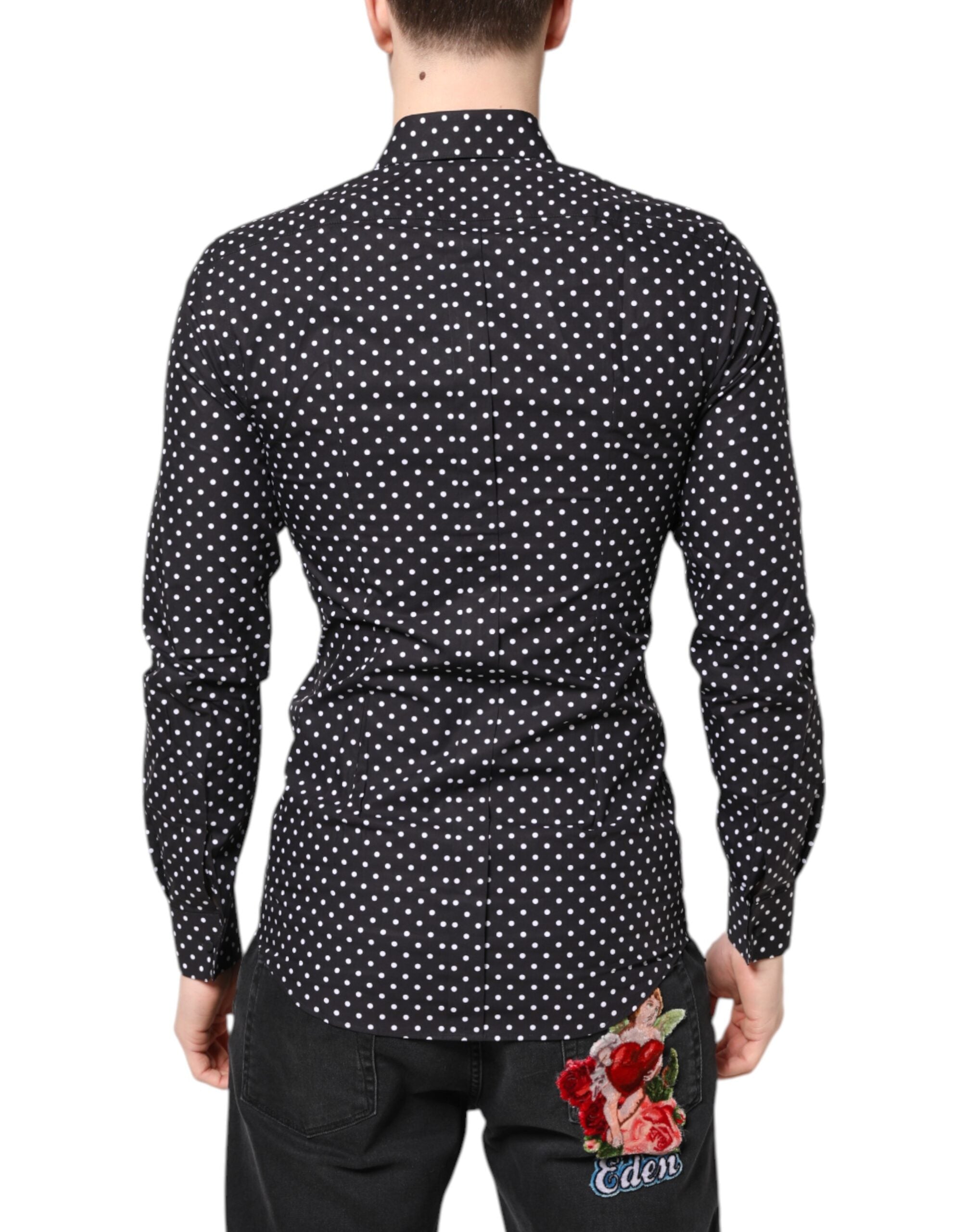 Dolce & Gabbana Schwarzes gepunktetes Hemd mit langen Ärmeln, goldfarben, formell