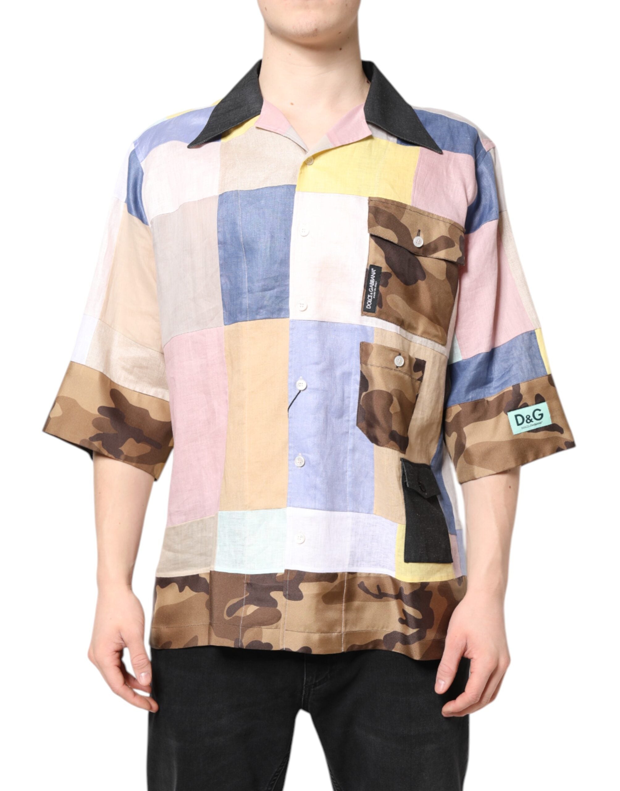 Dolce & Gabbana Multicolor Patchwork Shirt mit kurzen Ärmeln