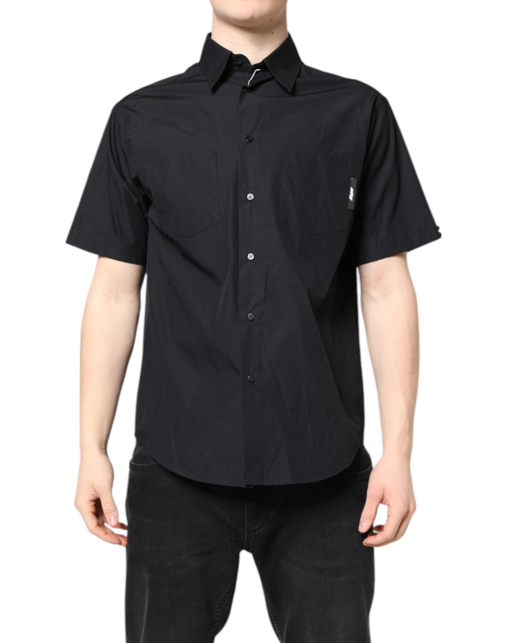 MSGM Schwarzes bedrucktes Kurzarmhemd mit Kragen Herren Casual Shirt