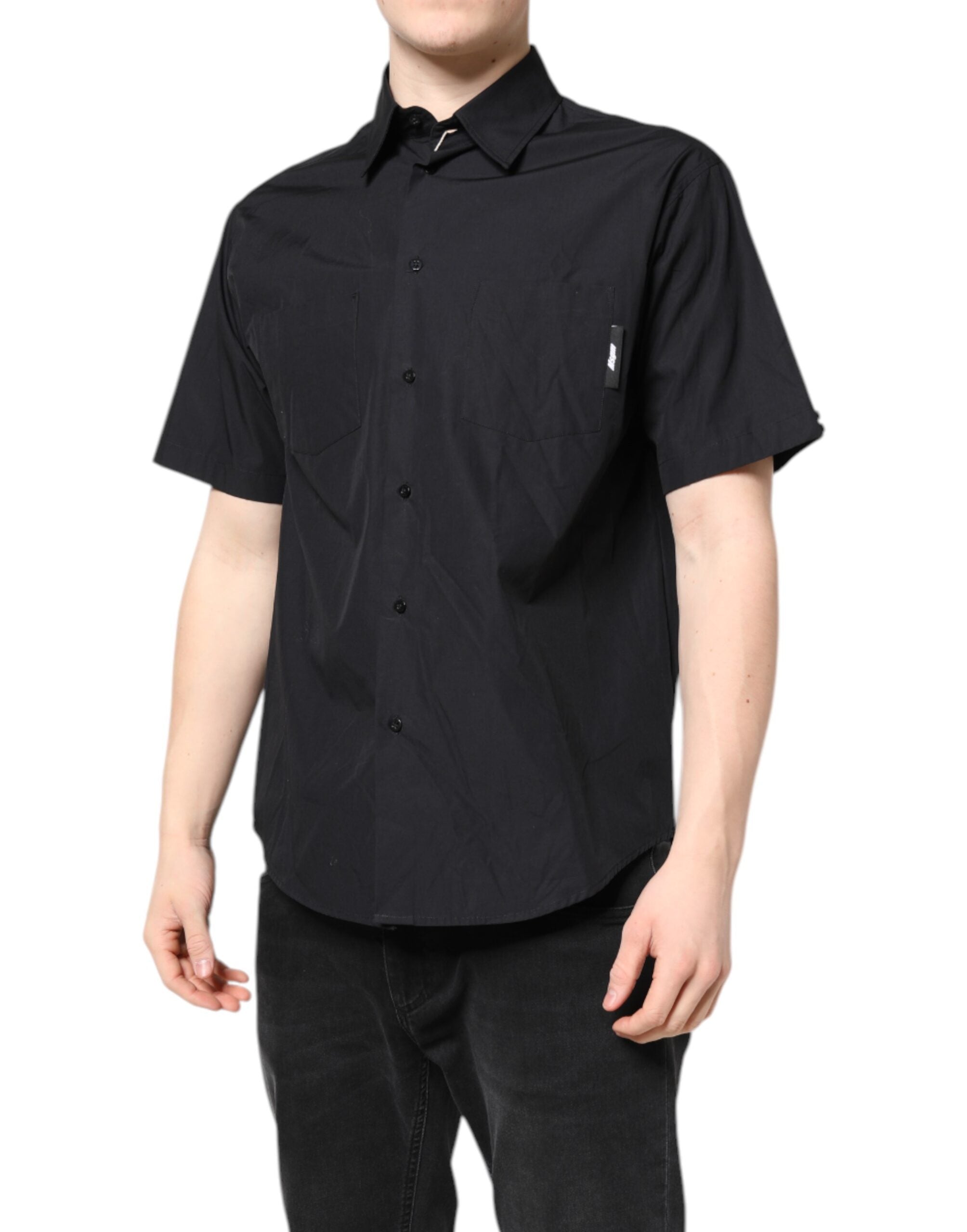 MSGM Schwarzes bedrucktes Kurzarmhemd mit Kragen Herren Casual Shirt