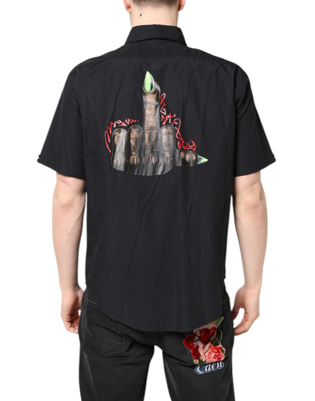 MSGM Schwarzes bedrucktes Kurzarmhemd mit Kragen Herren Casual Shirt