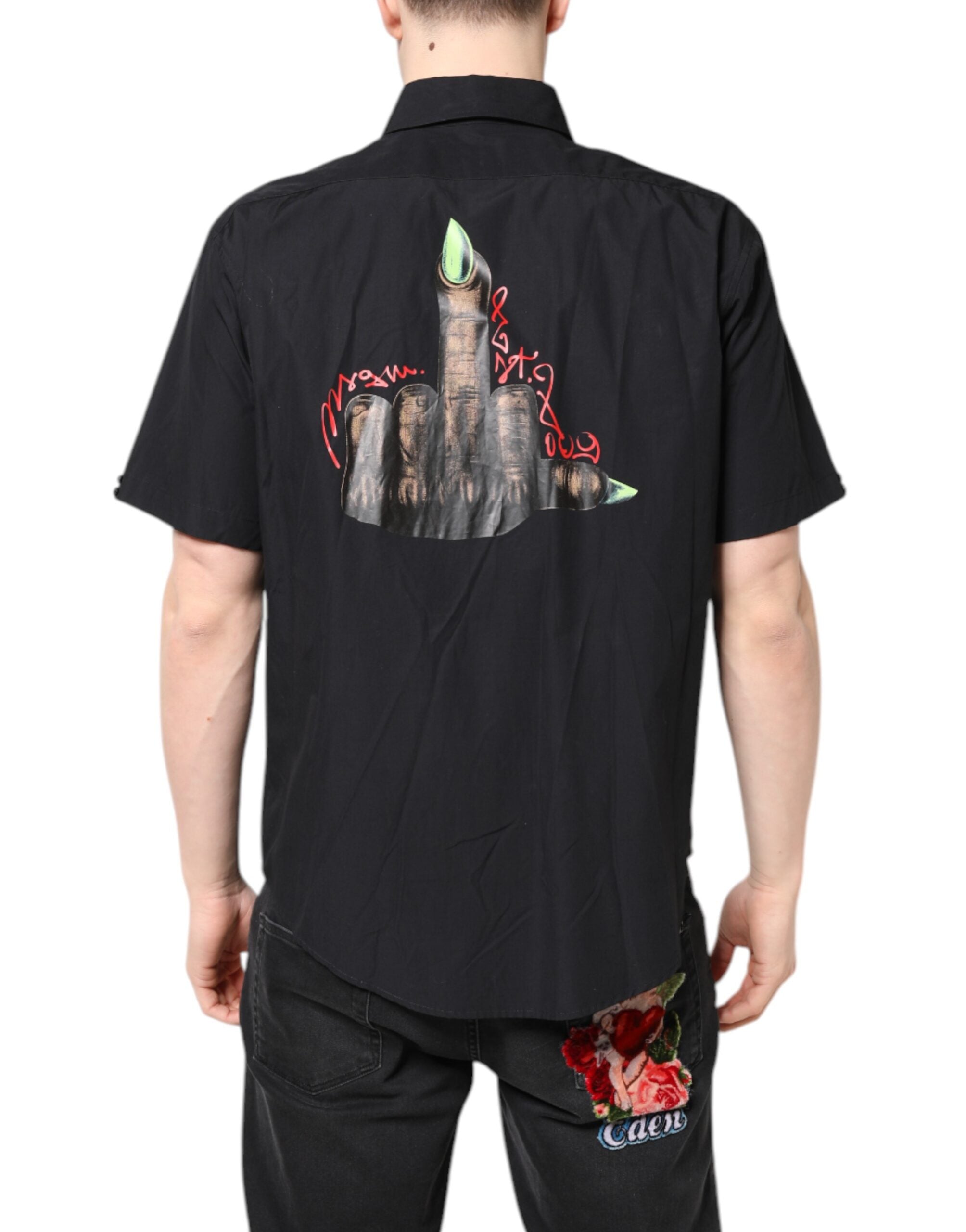 MSGM Schwarzes bedrucktes Kurzarmhemd mit Kragen Herren Casual Shirt