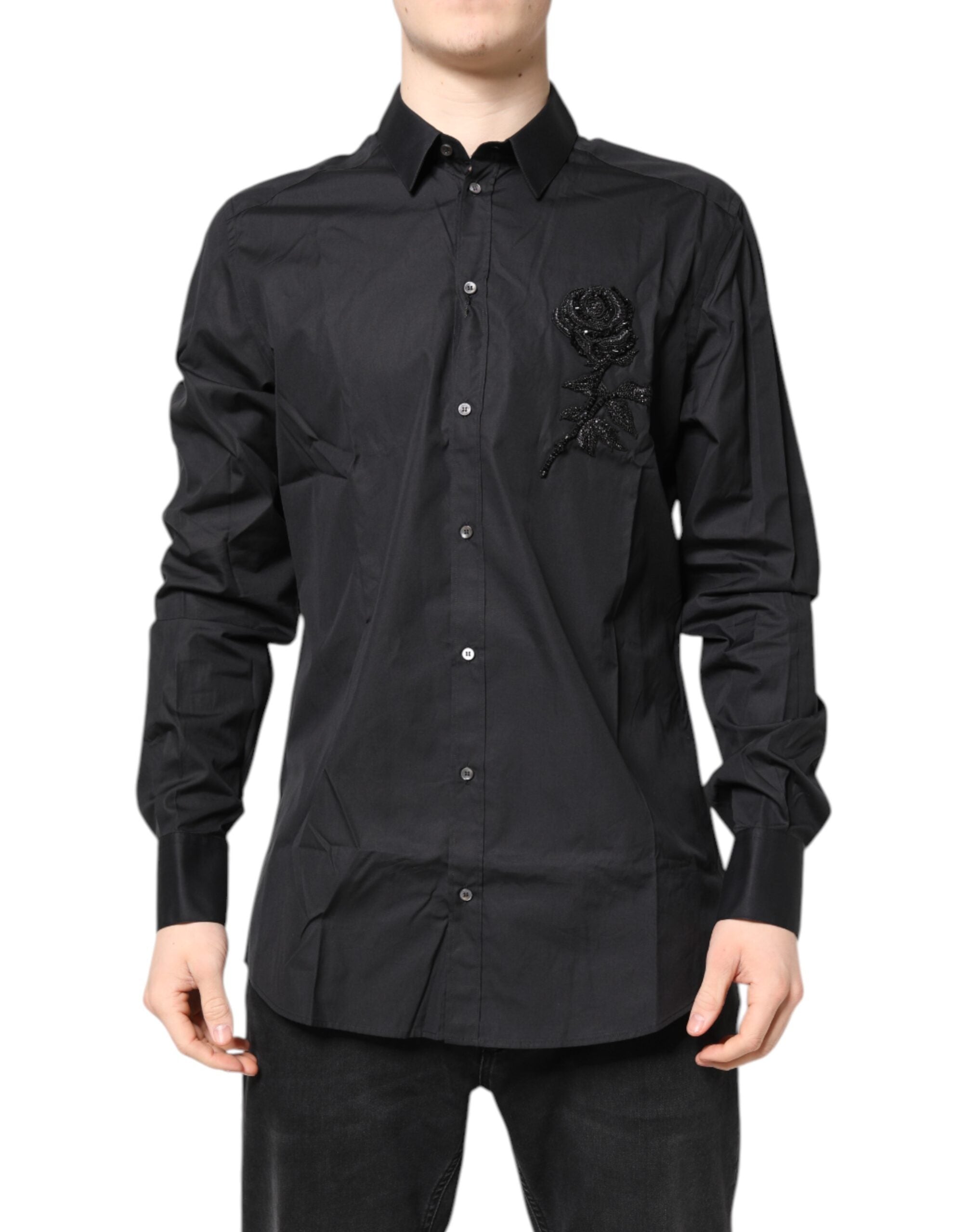 Dolce & Gabbana Schwarzes geblümtes goldfarbenes Baumwollkleid Formales Hemd