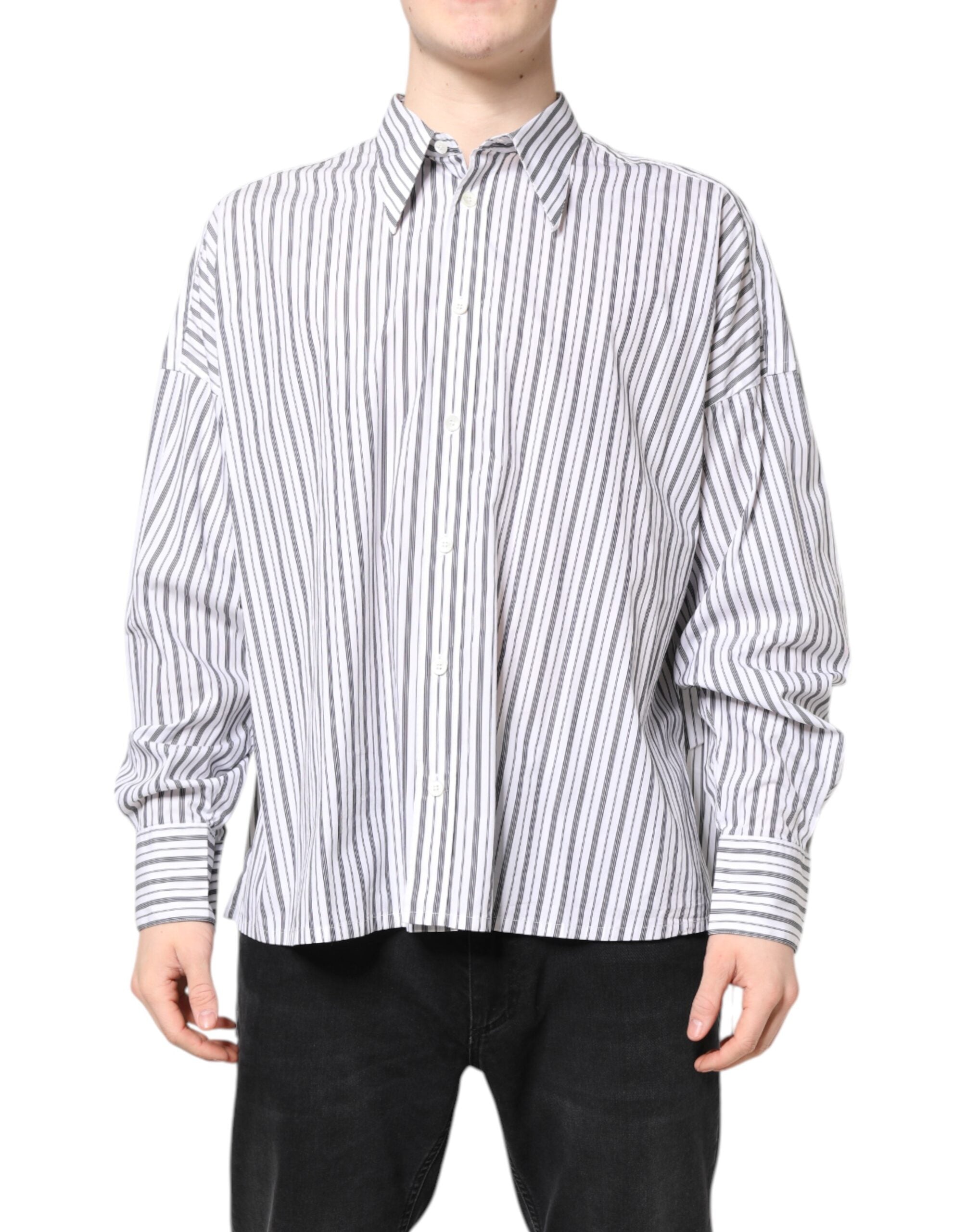 Dolce & Gabbana Weiß-Schwarz gestreiftes Button Down Freizeithemd