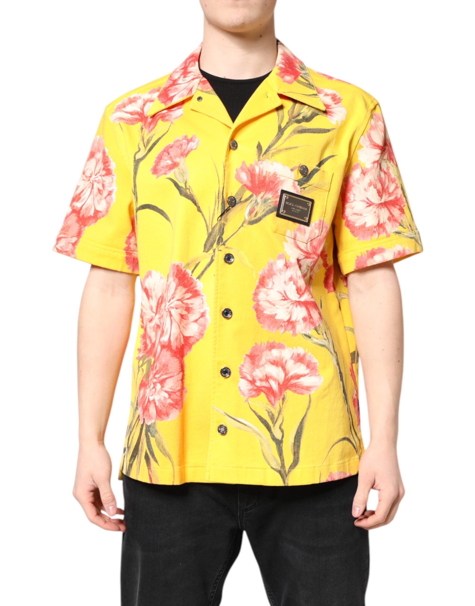 Dolce & Gabbana Gelbes geblümtes Männer Button Down Freizeithemd