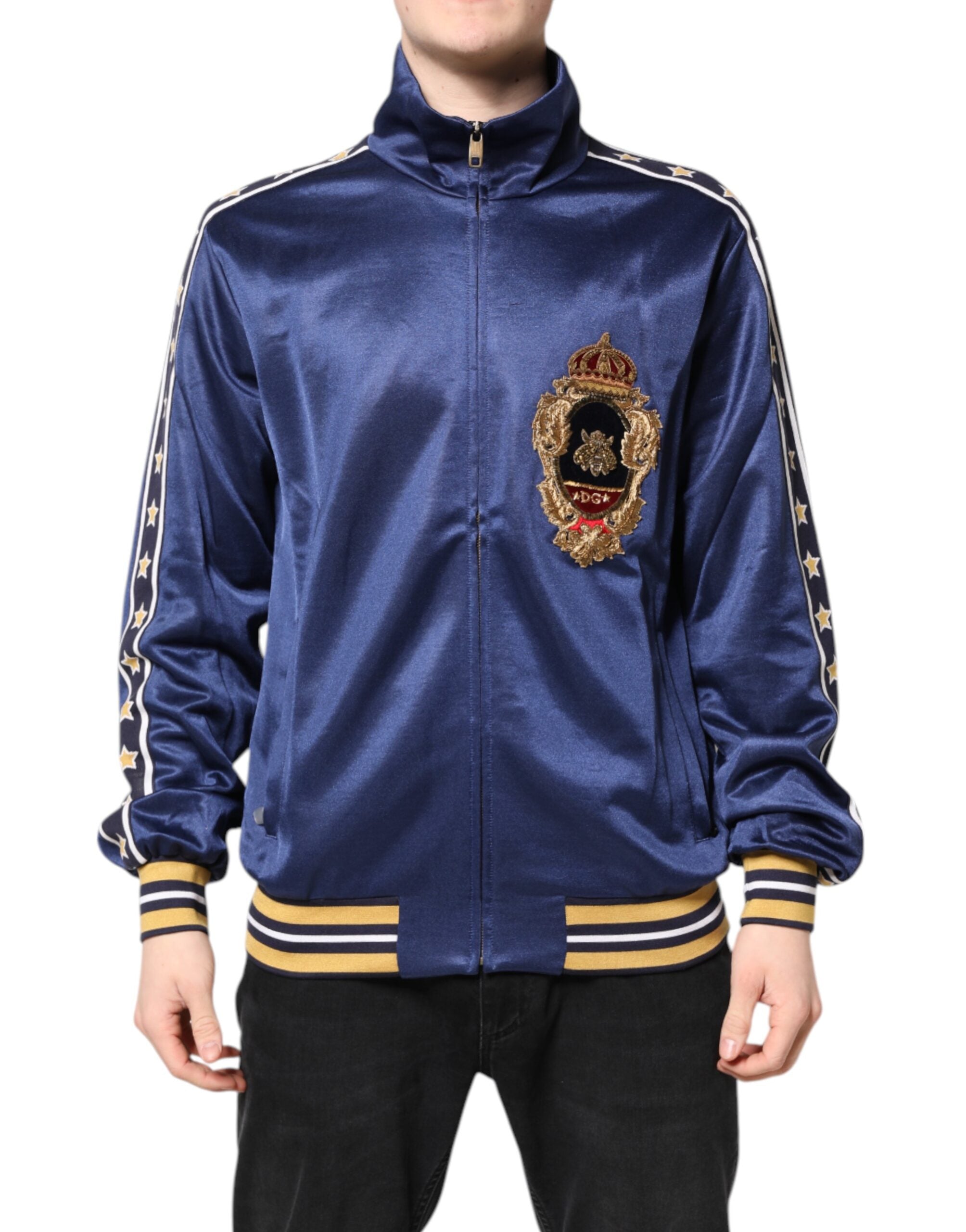 Dolce & Gabbana Blauer Nylon Logo Patch Herren Bomber Pullover