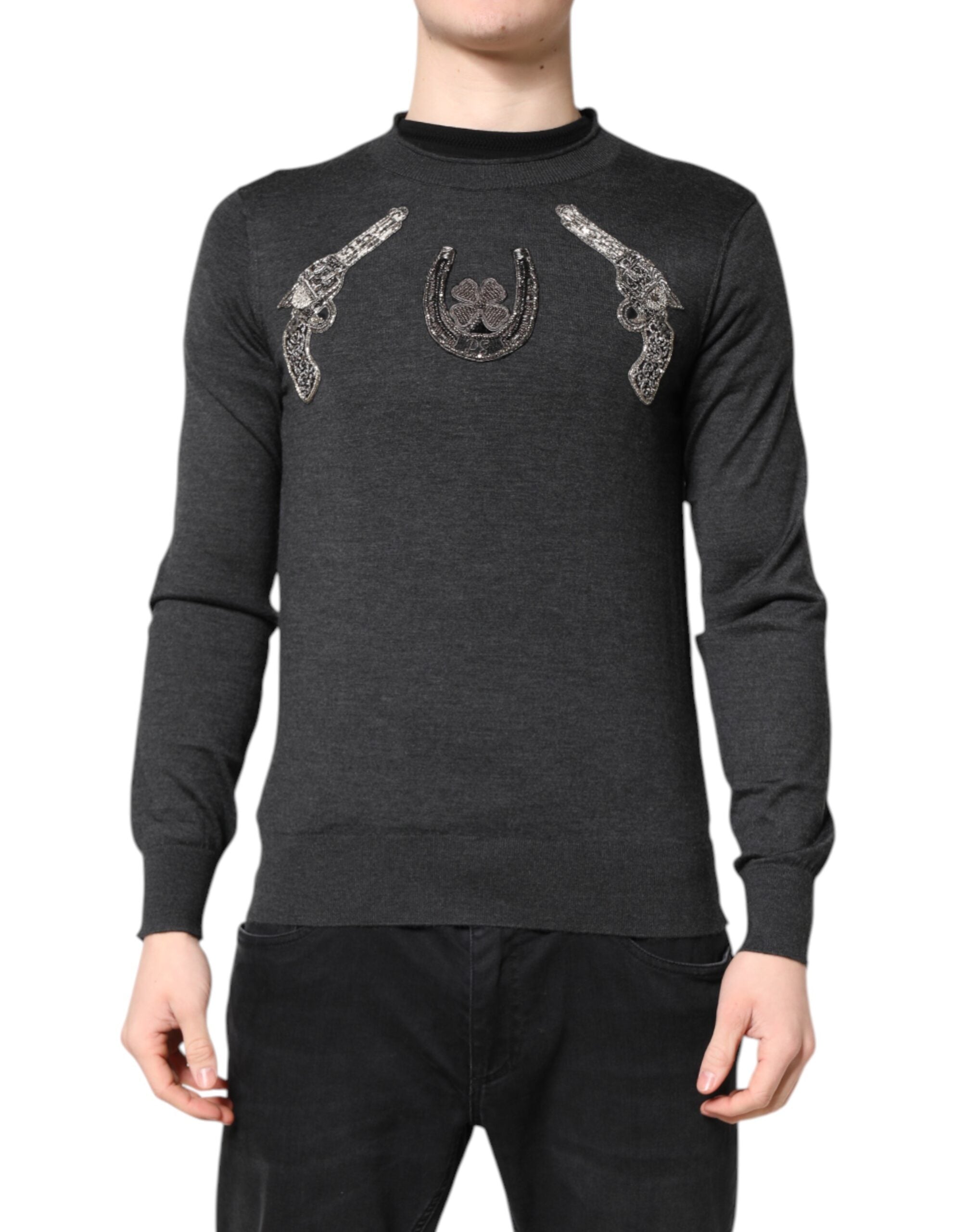 Dolce & Gabbana Grauer Strickpullover mit Stickerei für Männer