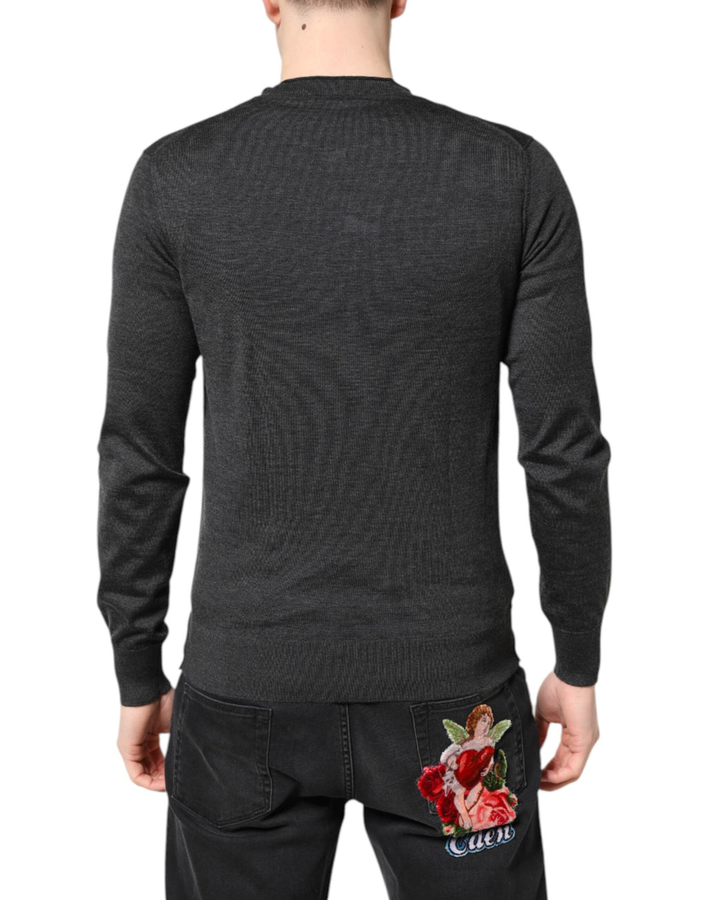 Dolce & Gabbana Grauer Strickpullover mit Stickerei für Männer