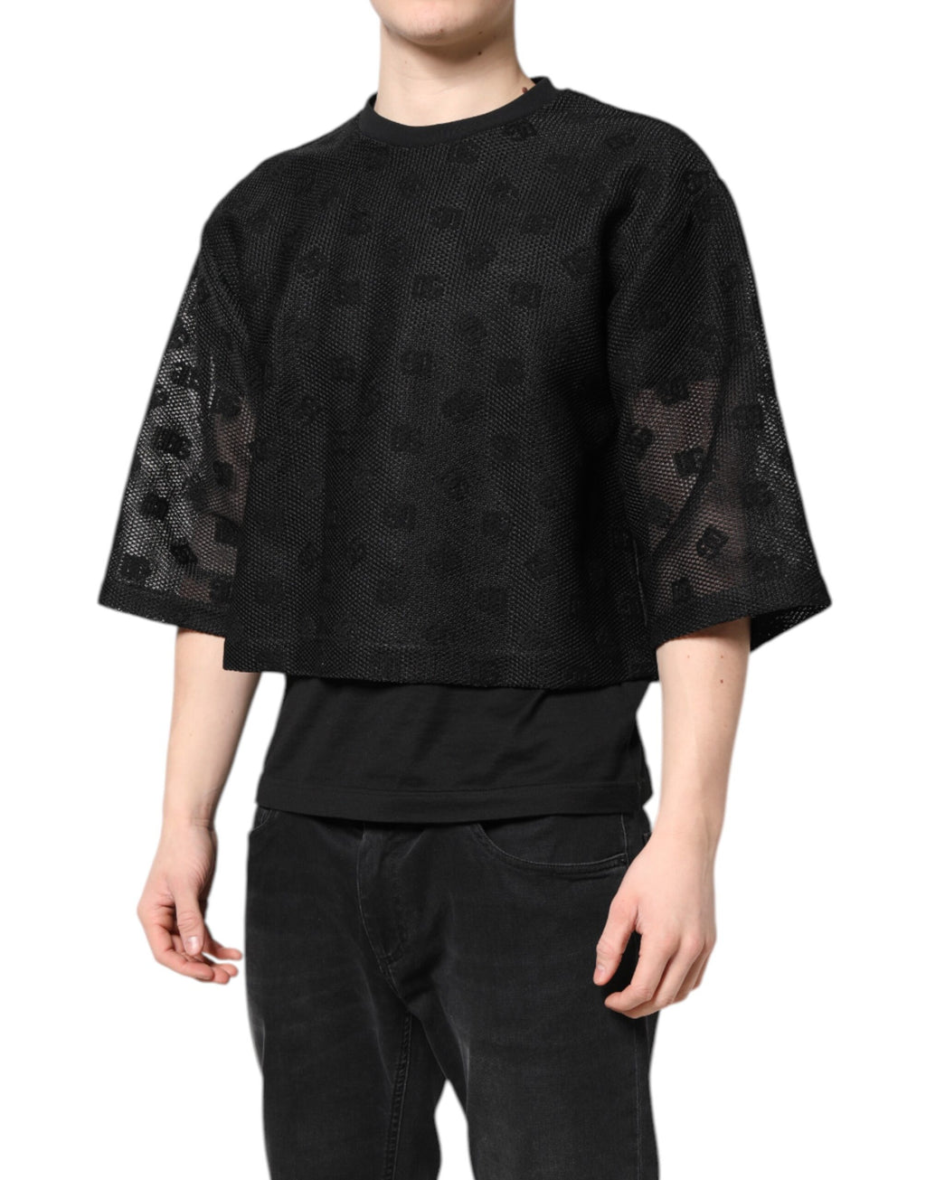 Dolce & Gabbana Schwarzes See-Through-Logo-T-Shirt mit kurzen Ärmeln