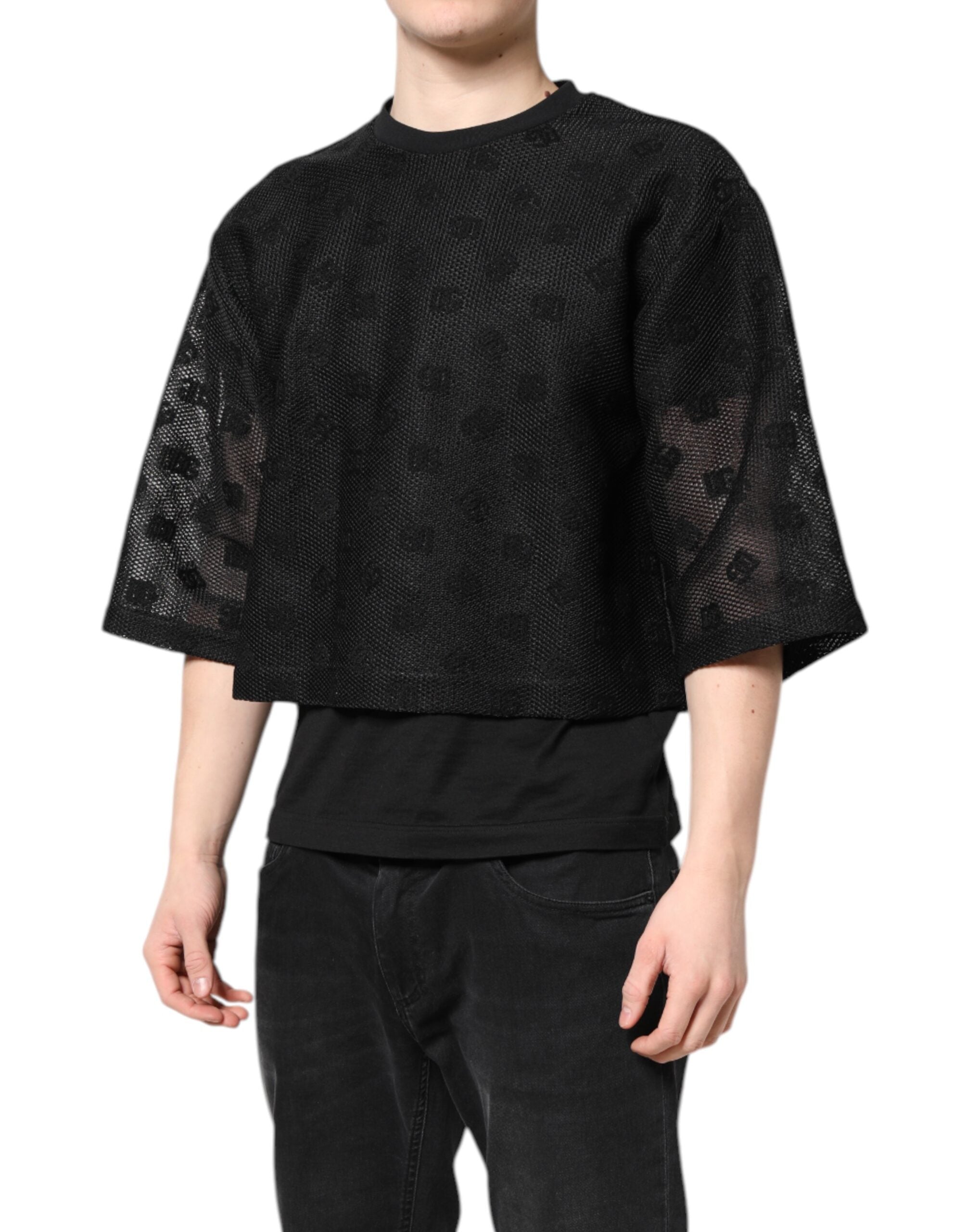Dolce & Gabbana Schwarzes See-Through-Logo-T-Shirt mit kurzen Ärmeln