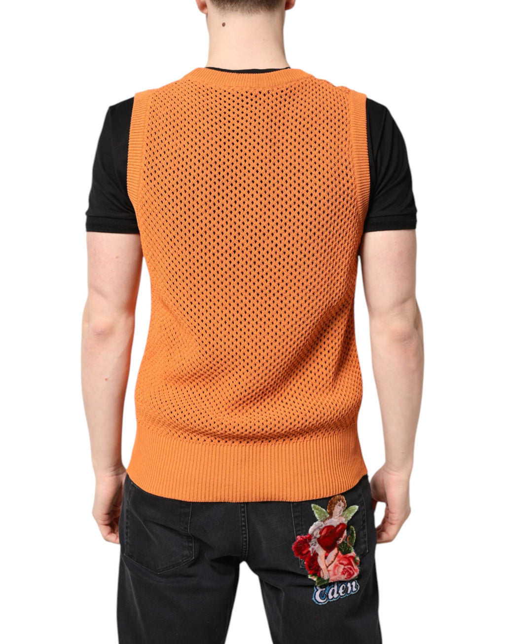 Dolce & Gabbana Orangefarbenes ärmelloses Kaschmir-T-Shirt mit Rundhalsausschnitt