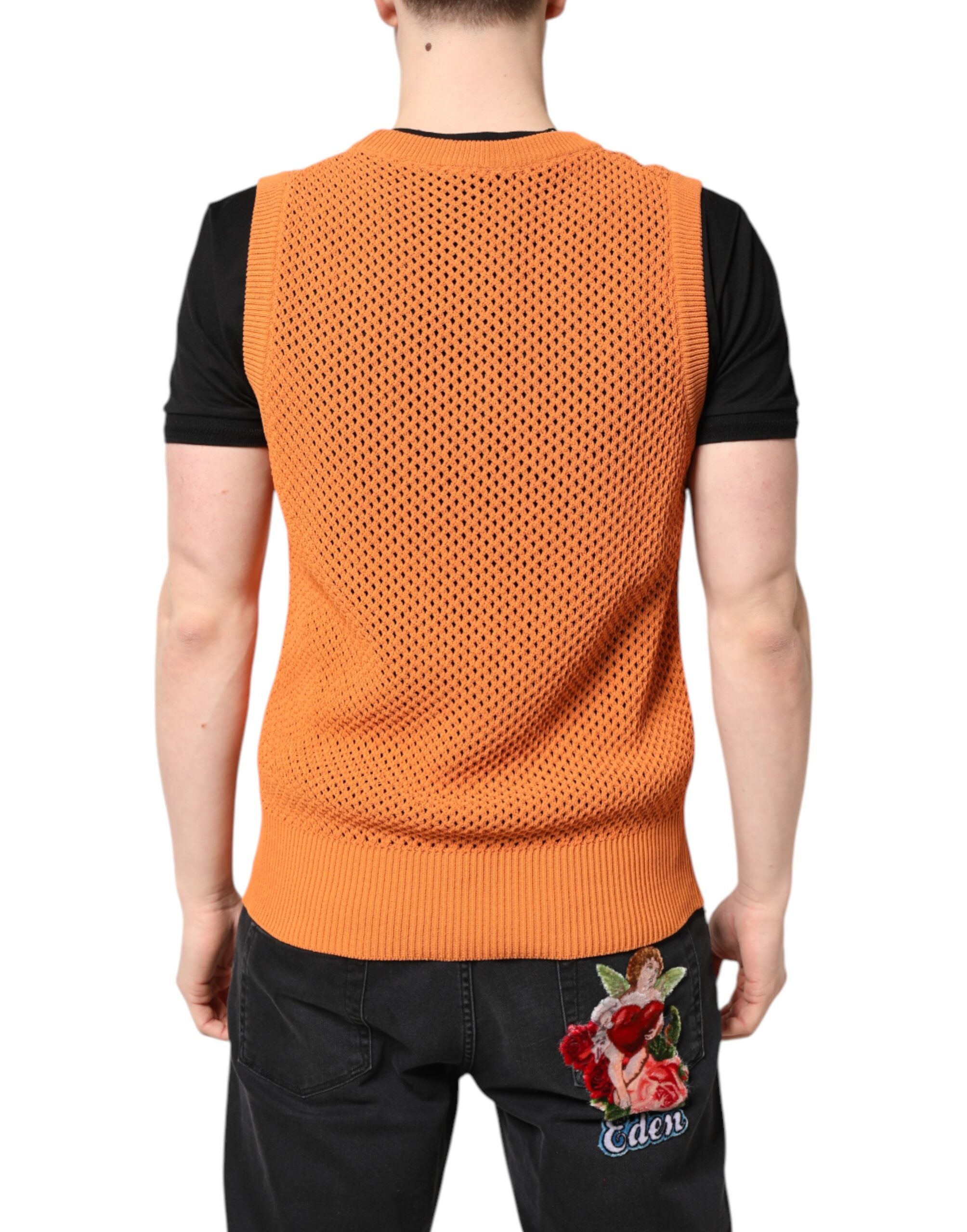 Dolce & Gabbana Orangefarbenes ärmelloses Kaschmir-T-Shirt mit Rundhalsausschnitt