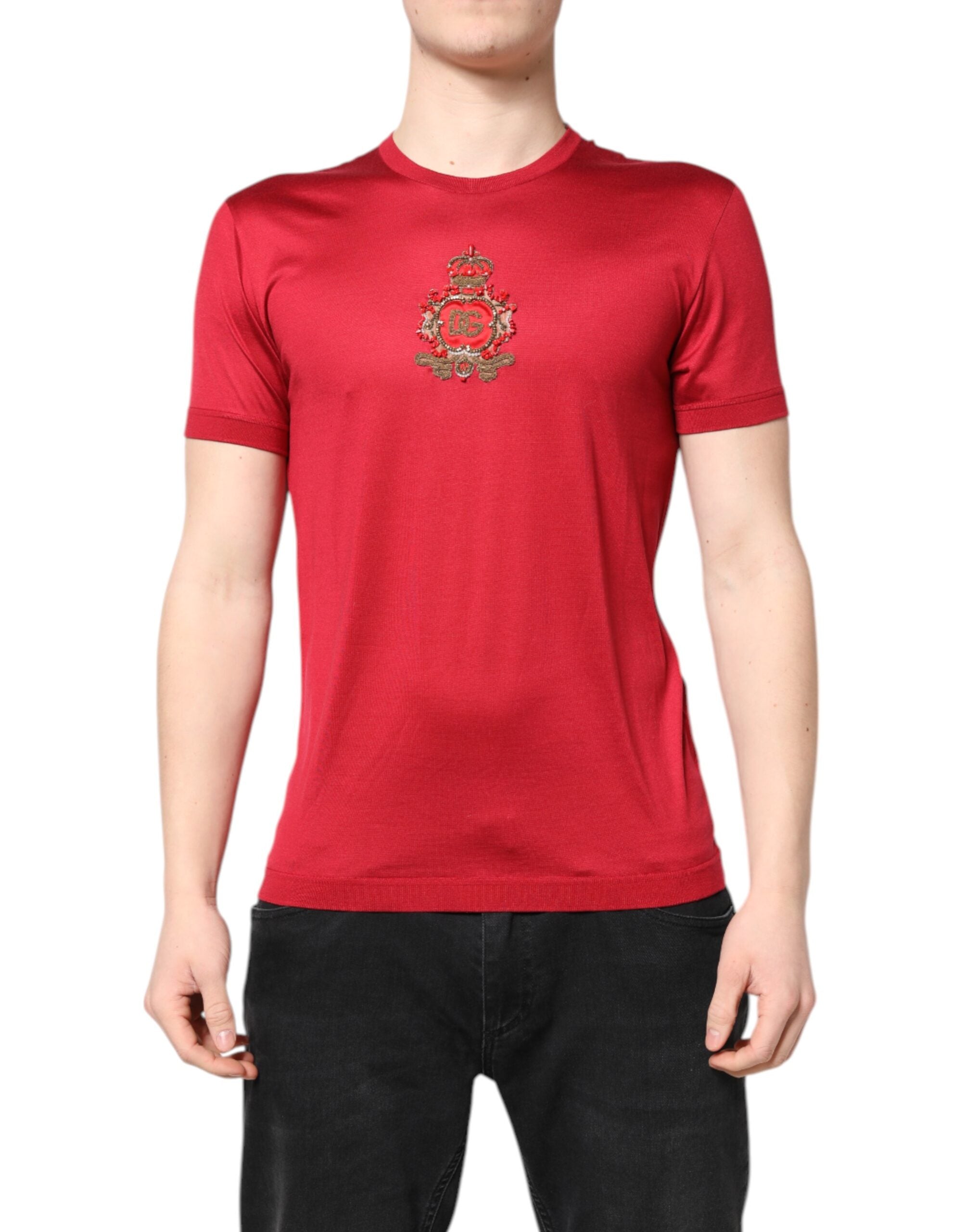 Dolce & Gabbana Rotes Seiden-T-Shirt mit DG Crown Logo und kurzen Ärmeln