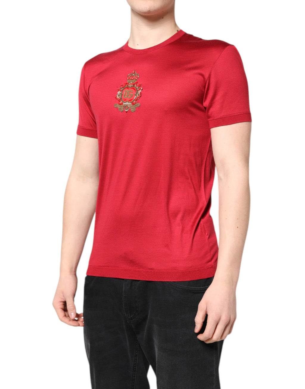 Dolce & Gabbana Rotes Seiden-T-Shirt mit DG Crown Logo und kurzen Ärmeln