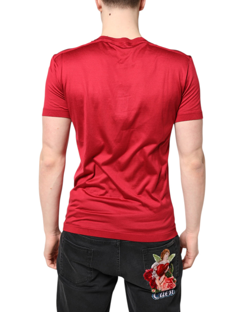 Dolce & Gabbana Rotes Seiden-T-Shirt mit DG Crown Logo und kurzen Ärmeln