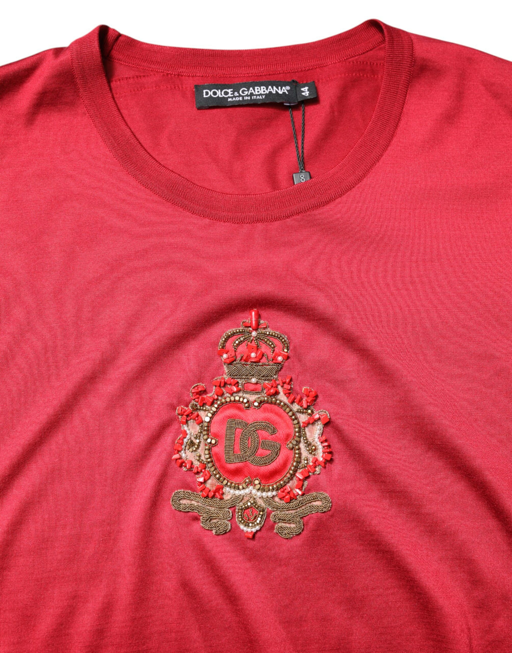 Dolce & Gabbana Rotes Seiden-T-Shirt mit DG Crown Logo und kurzen Ärmeln
