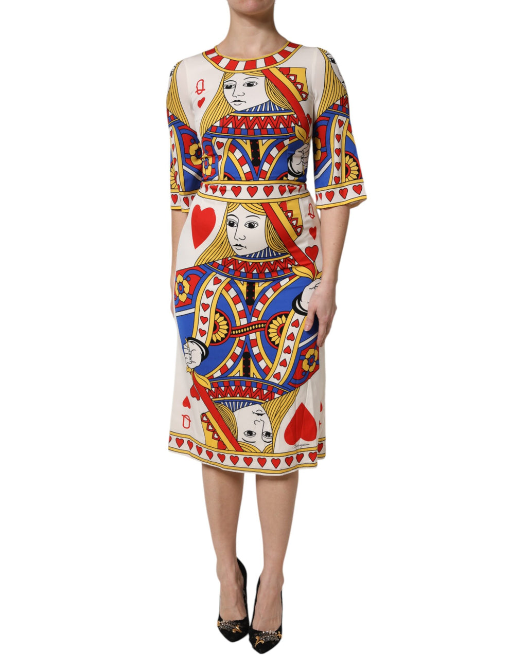 Dolce & Gabbana Weißes Queen Of Heart Midikleid mit kurzen Ärmeln