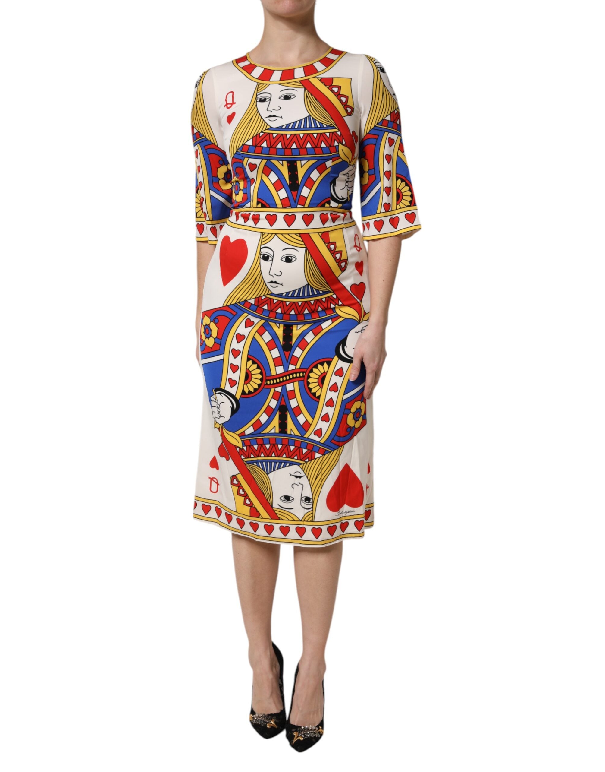 Dolce & Gabbana Weißes Queen Of Heart Midikleid mit kurzen Ärmeln