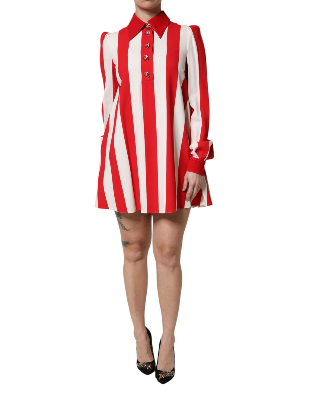 Dolce & Gabbana Wit Rood Gestreept Mini Jurk met Lange Mouwen