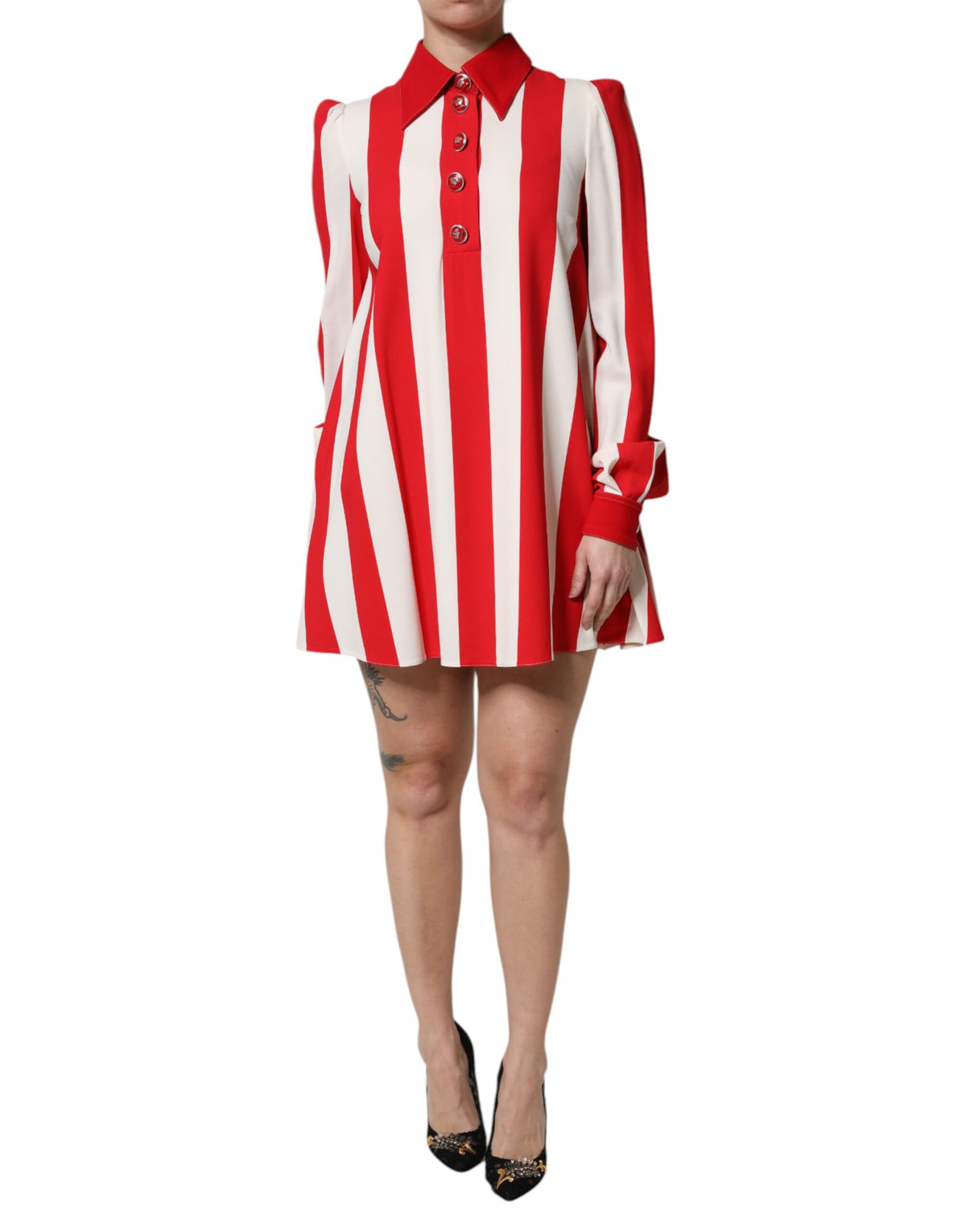 Dolce & Gabbana Wit Rood Gestreept Mini Jurk met Lange Mouwen