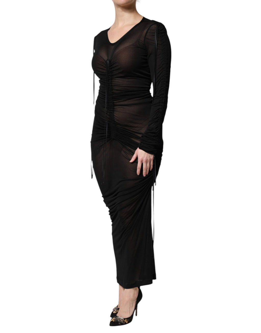 Dolce & Gabbana Zwarte Nauwsluitende Lange Schedejurk met Mesh Details