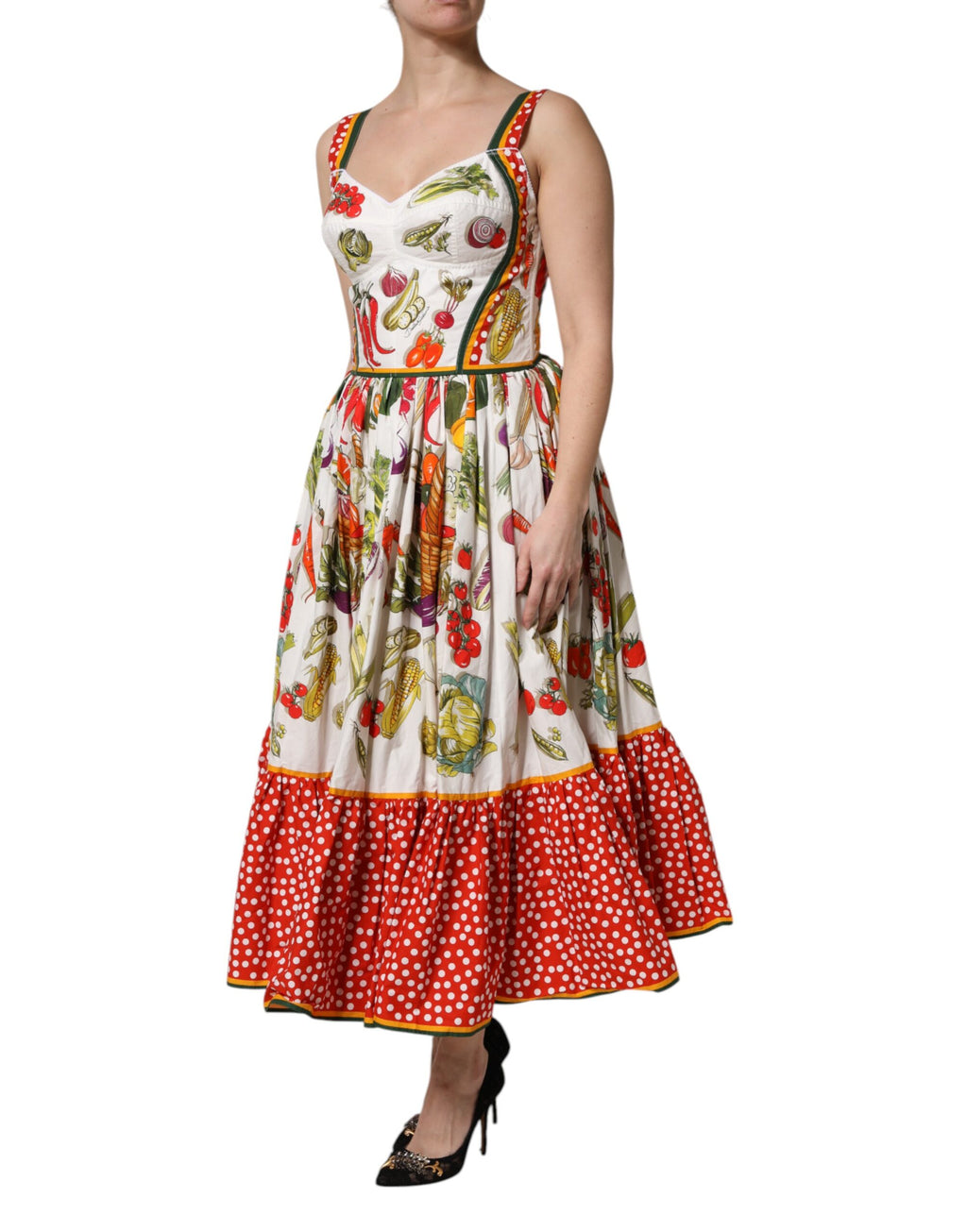 Dolce & Gabbana Witte Mouwloze A-lijn Jurk met Groenteprint