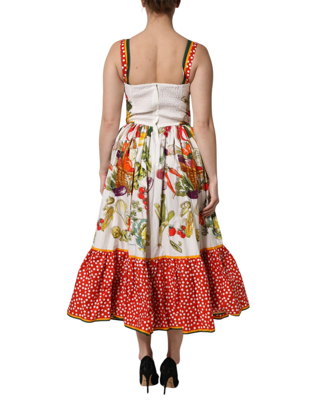 Dolce & Gabbana Witte Mouwloze A-lijn Jurk met Groenteprint