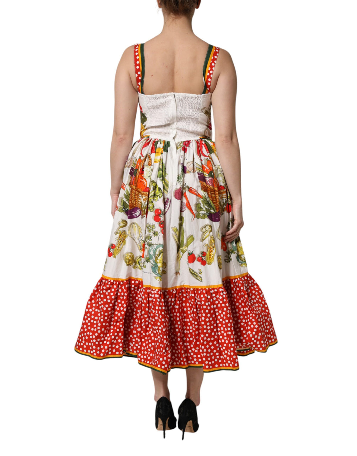 Dolce & Gabbana Witte Mouwloze A-lijn Jurk met Groenteprint