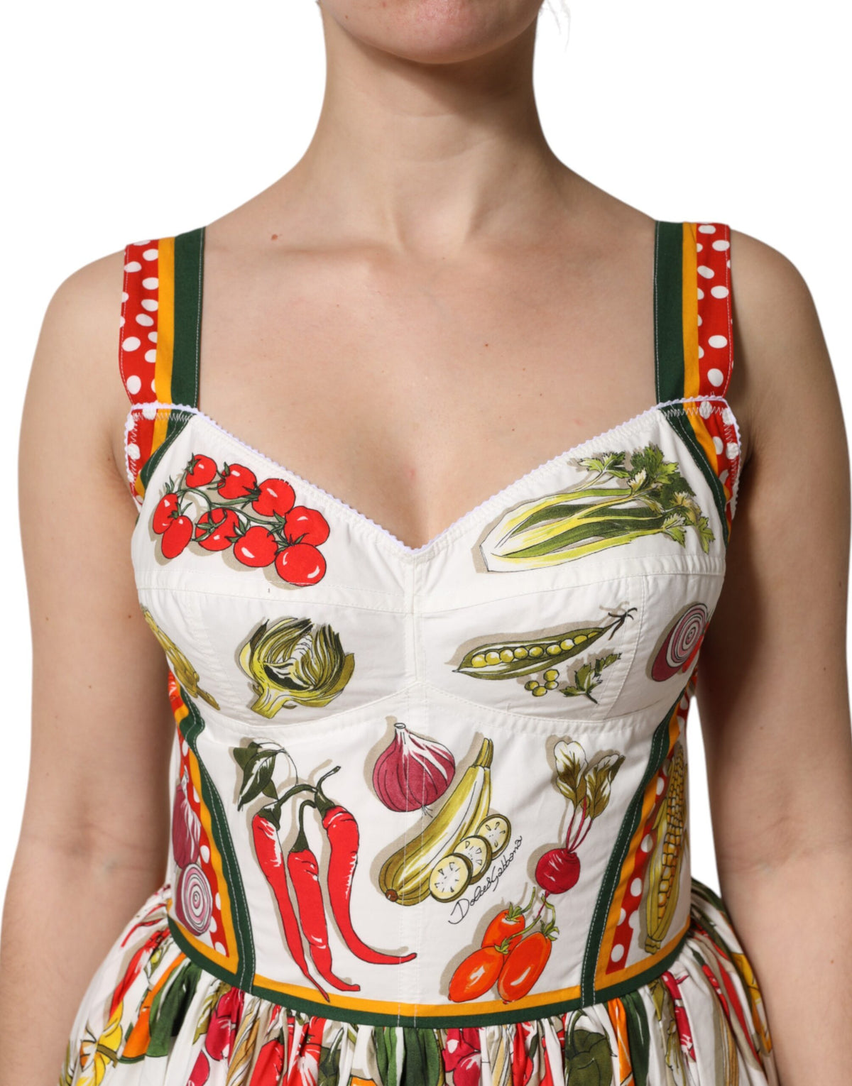Dolce & Gabbana Witte Mouwloze A-lijn Jurk met Groenteprint