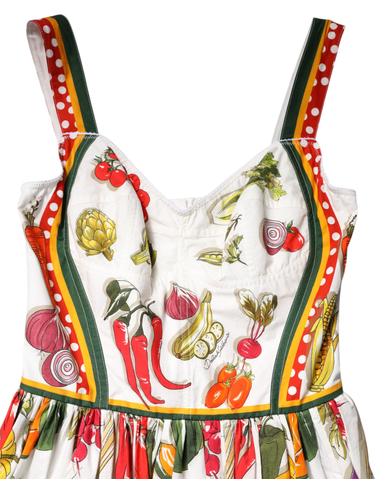 Dolce & Gabbana Witte Mouwloze A-lijn Jurk met Groenteprint