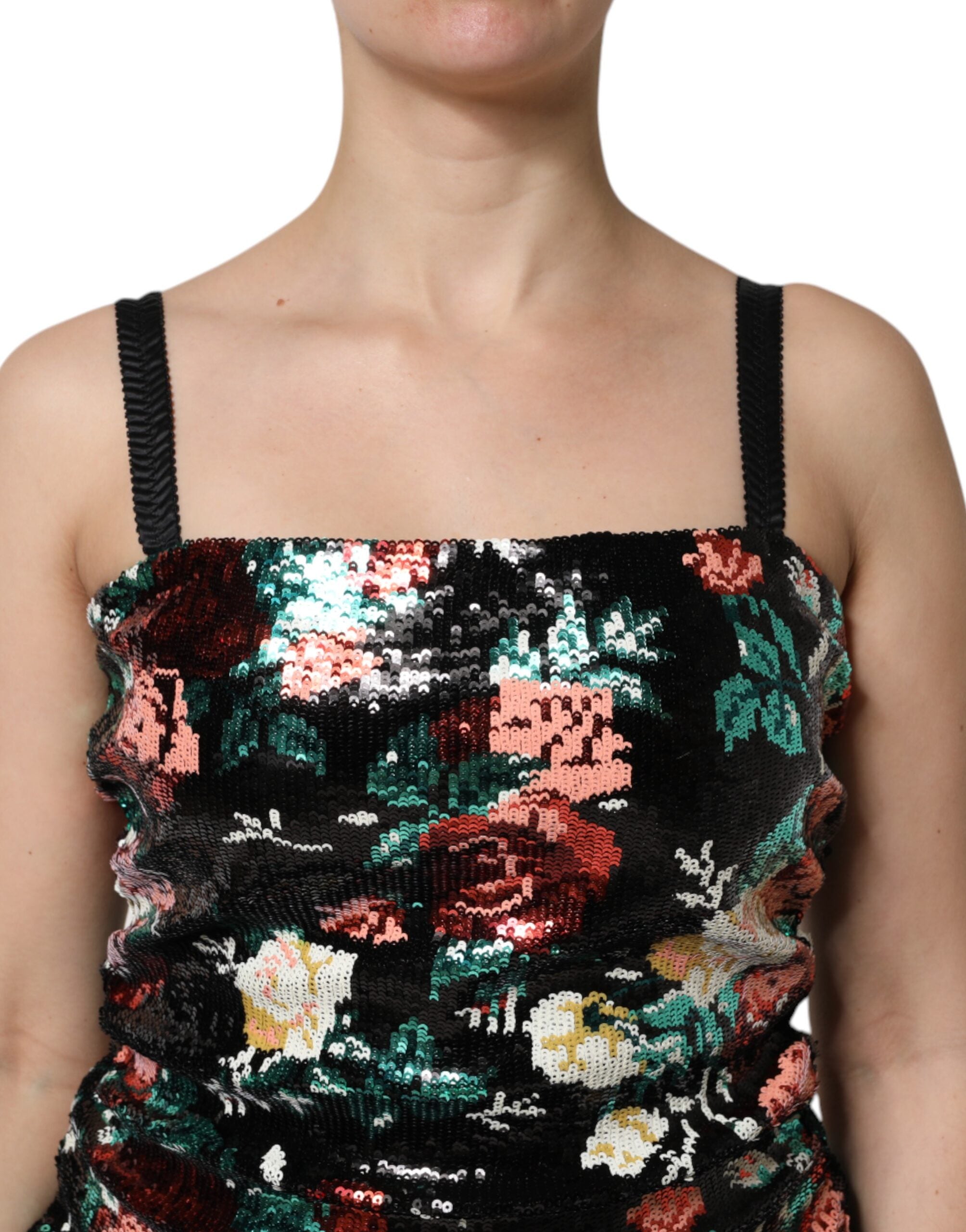 Dolce & Gabbana Schwarzes, geblümtes, ärmelloses Etuikleid mit Pailletten