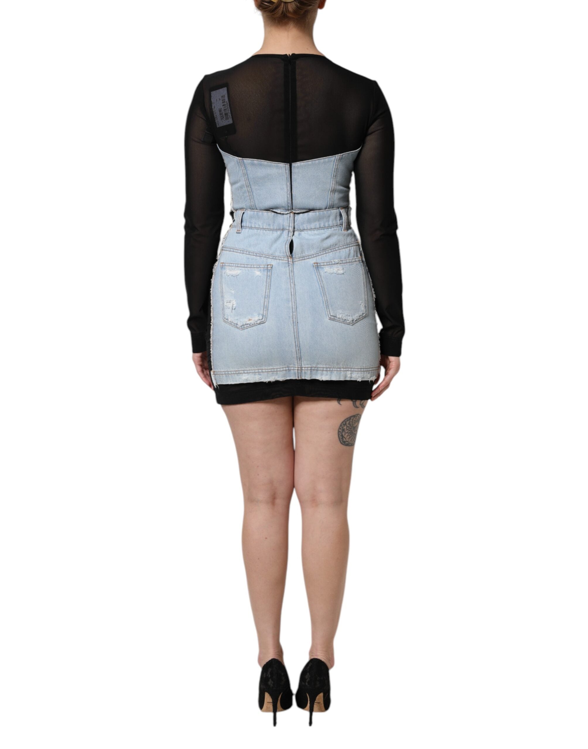 Dolce & Gabbana Schwarz-Blau Langärmeliges Denim-Minikleid