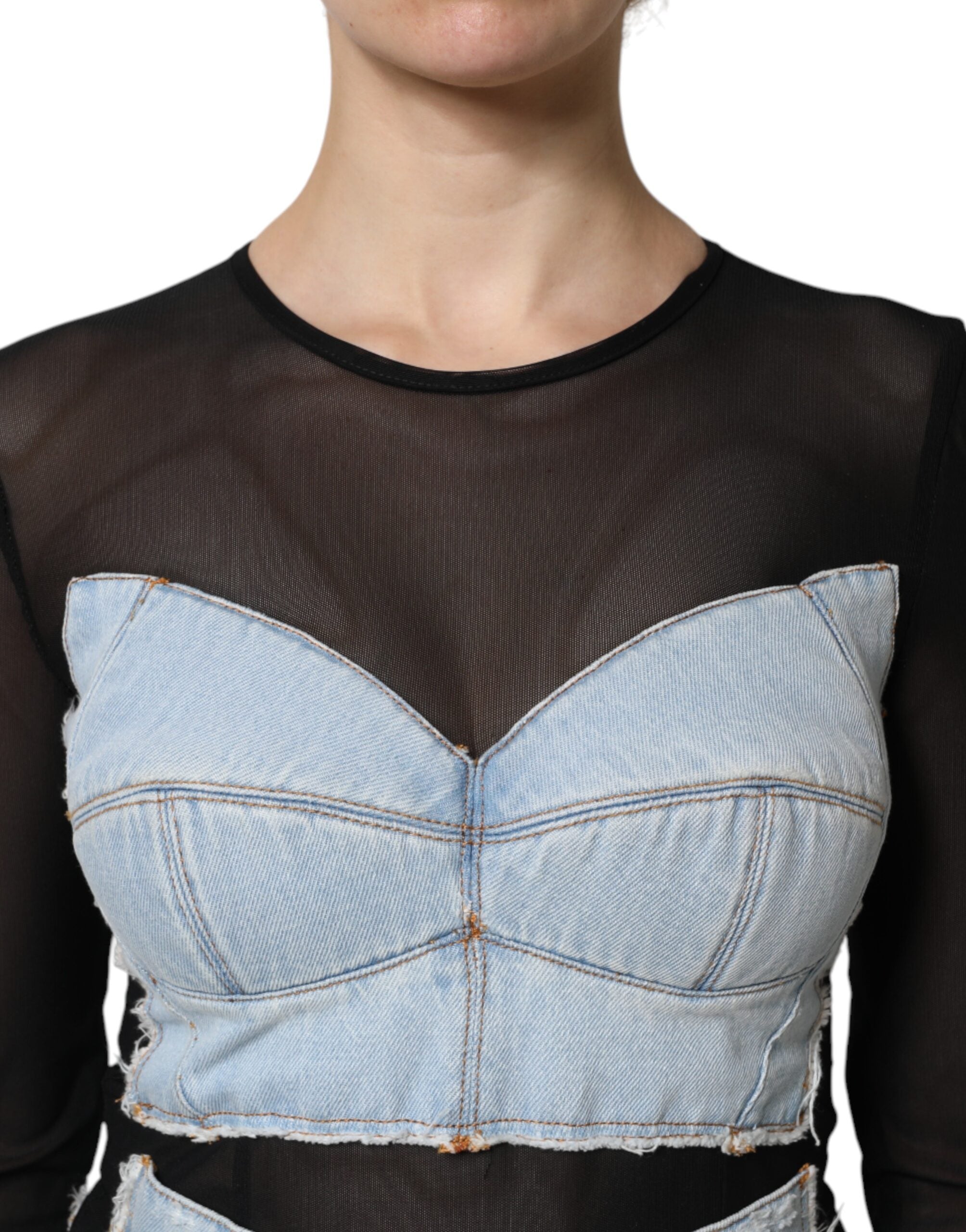 Dolce & Gabbana Schwarz-Blau Langärmeliges Denim-Minikleid