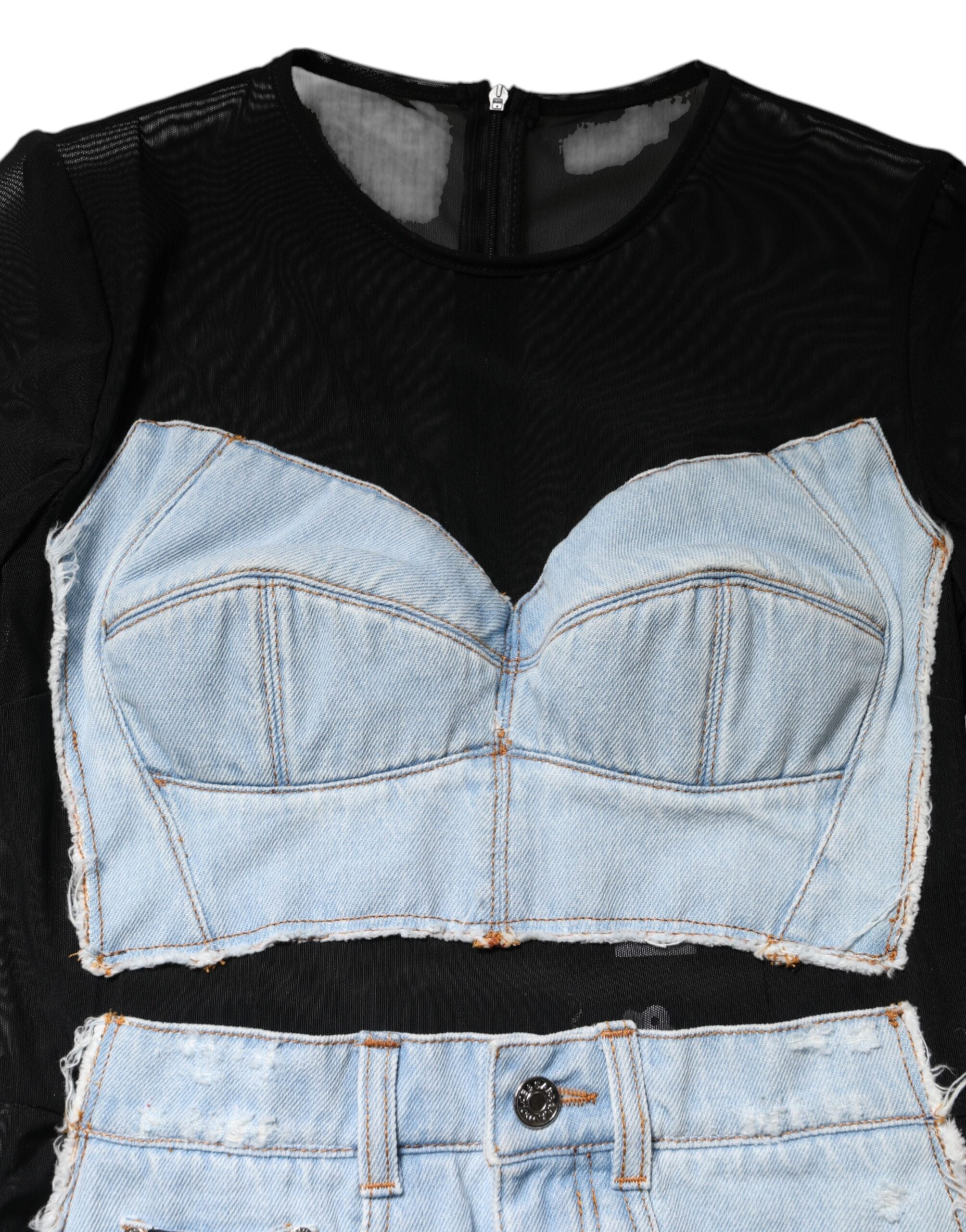 Dolce & Gabbana Schwarz-Blau Langärmeliges Denim-Minikleid