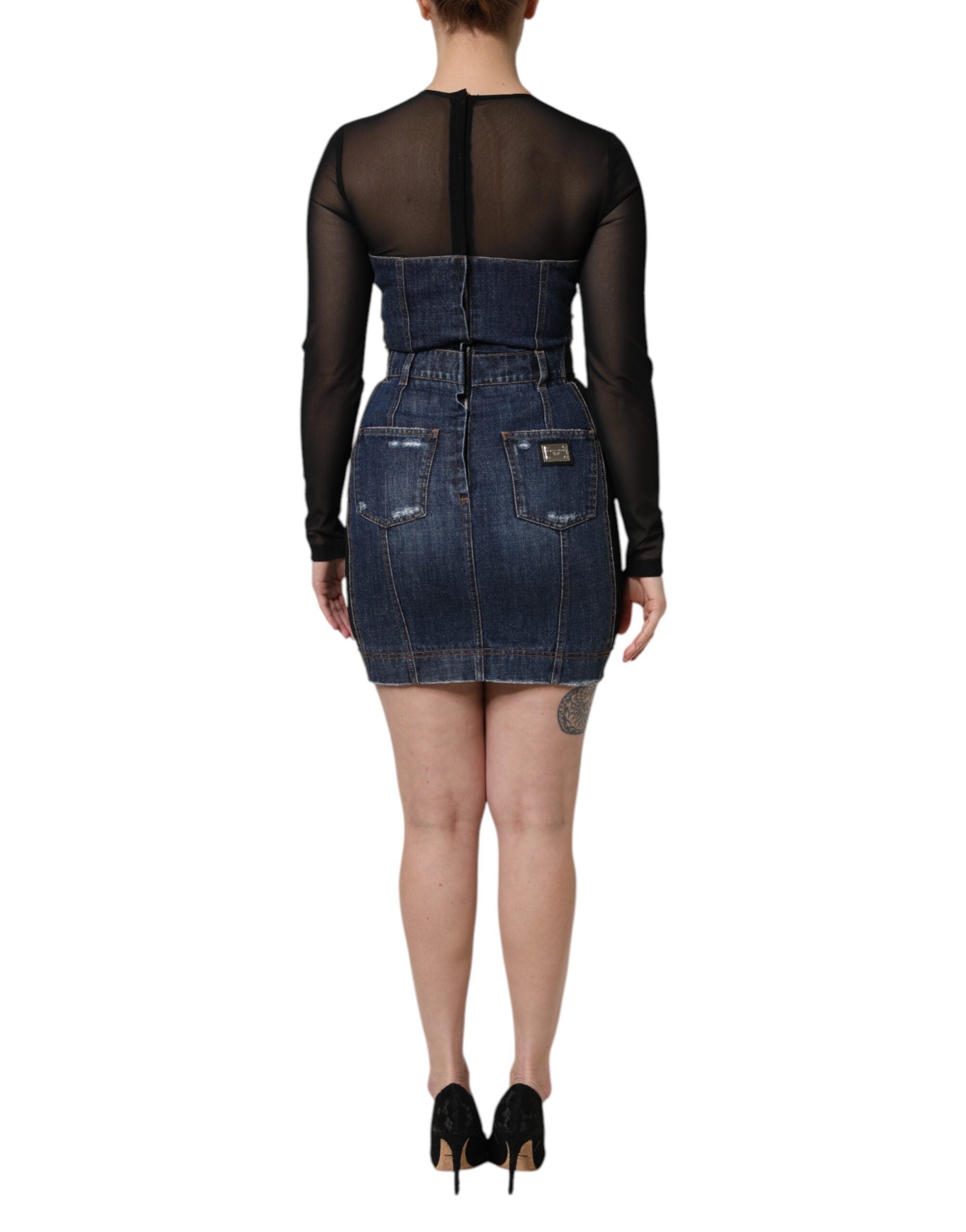 Dolce & Gabbana Schwarz-Blau Langärmeliges Denim-Minikleid