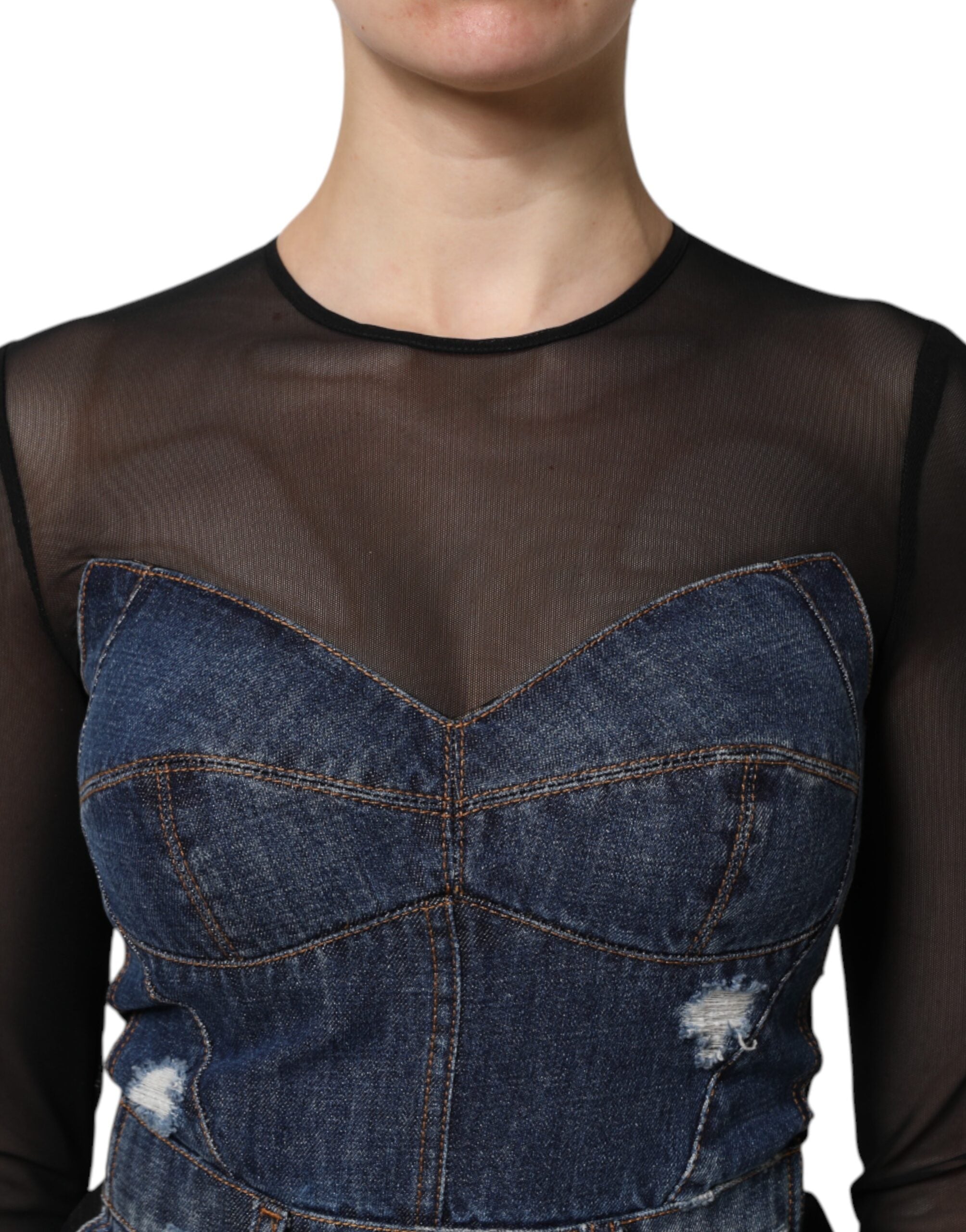 Dolce & Gabbana Schwarz-Blau Langärmeliges Denim-Minikleid