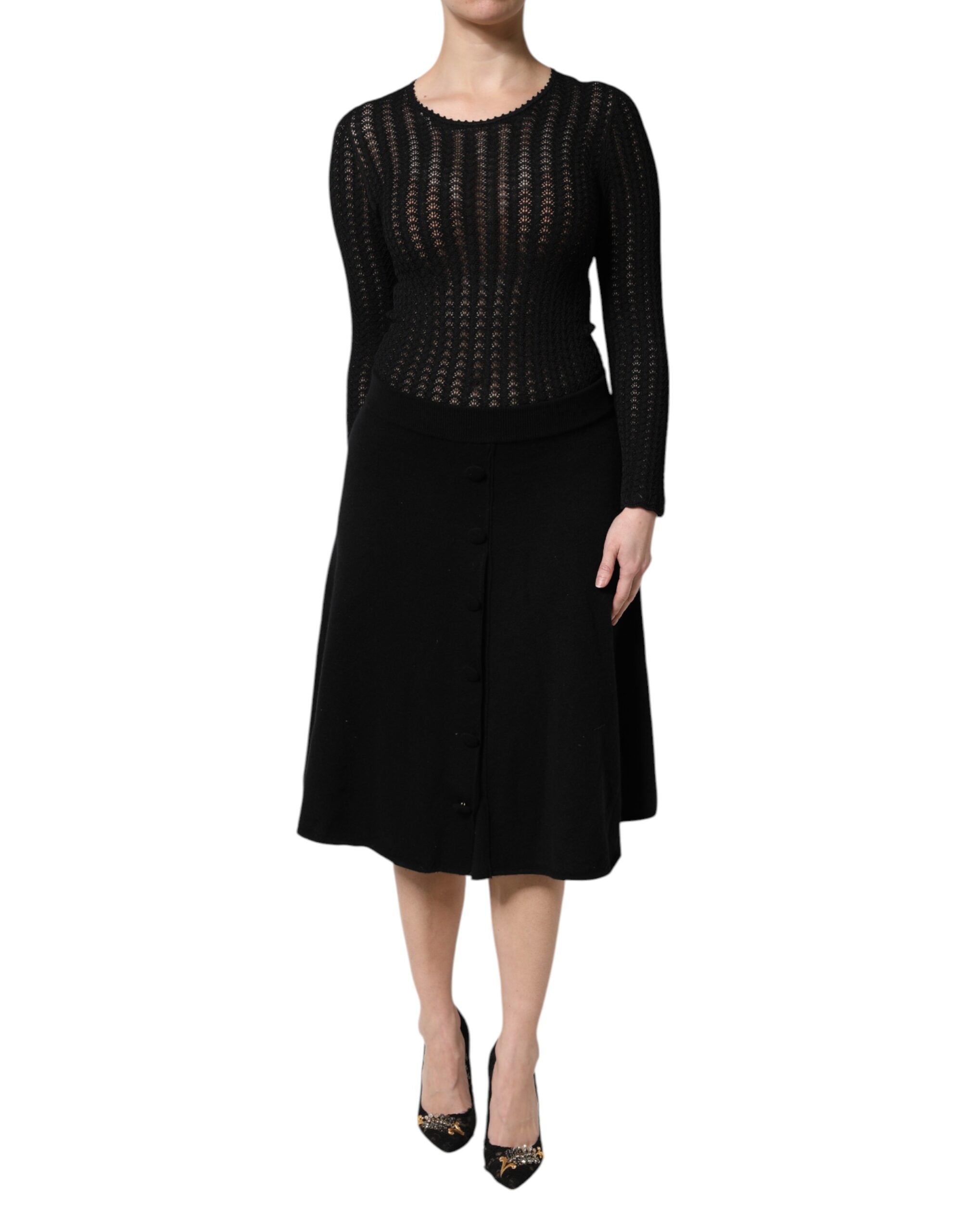 Dolce & Gabbana Schwarzes Midikleid aus Kaschmir mit langen Ärmeln in A-Linie